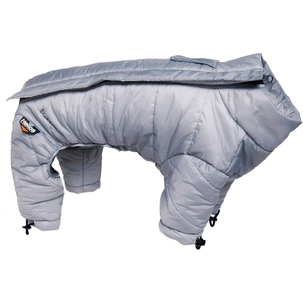 Light grey dog winter jacket, padded full-body design with adjustable leg cords