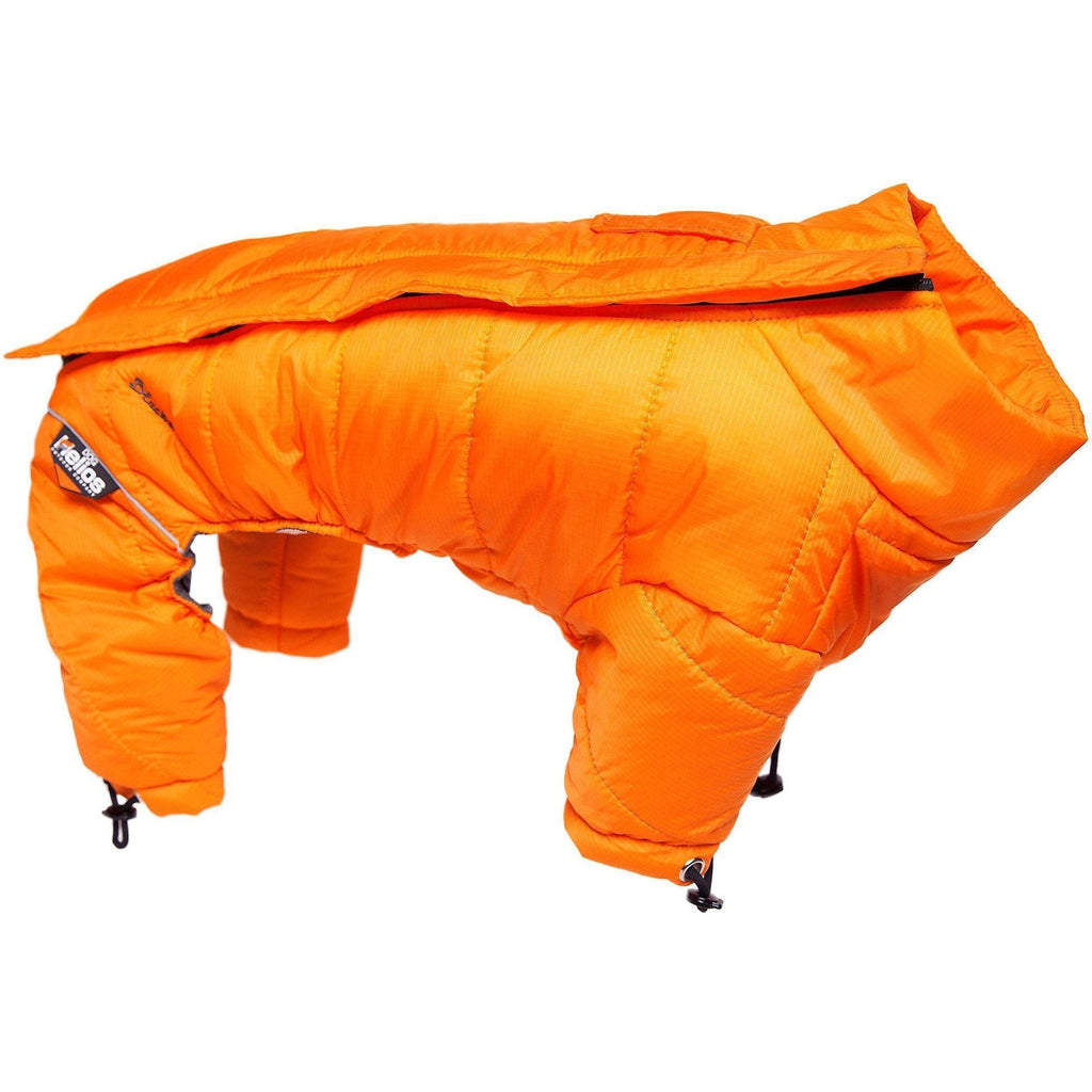 Orange dog winter jacket, padded full-body coverage with adjustable leg and belly cords