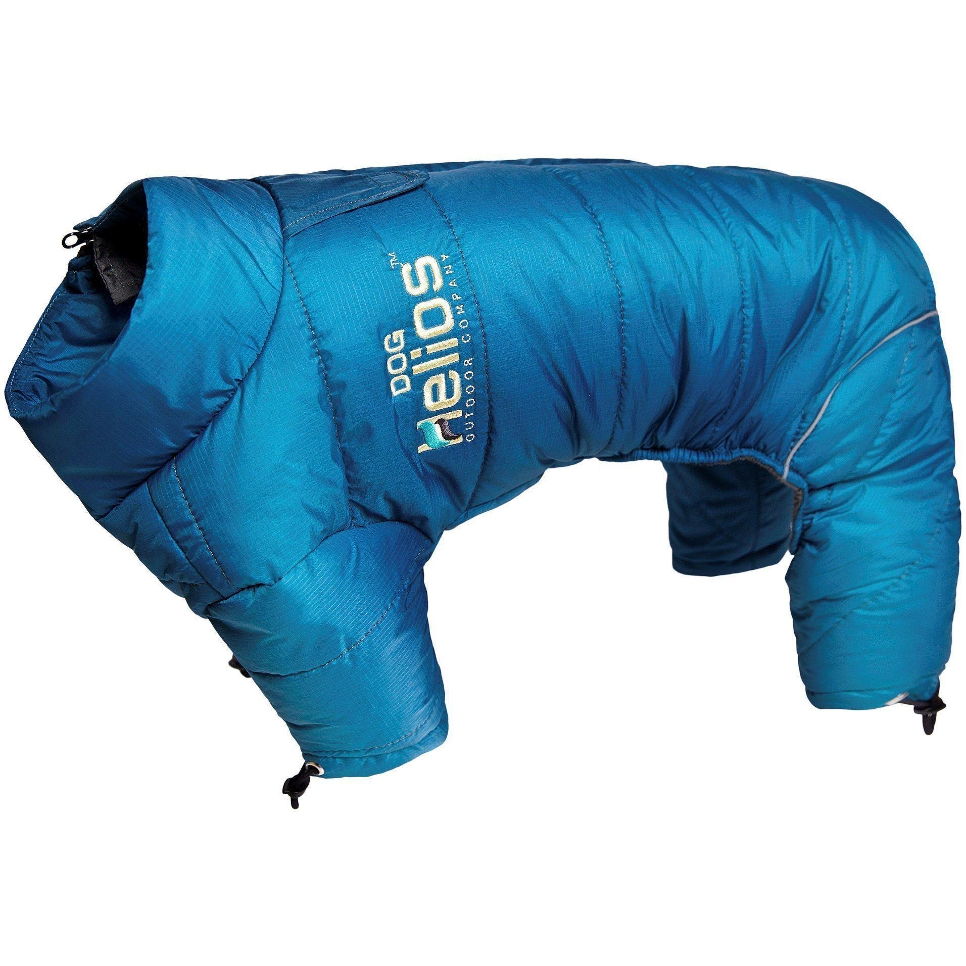 Blue winter dog jacket, full-body waded design with adjustable straps at legs