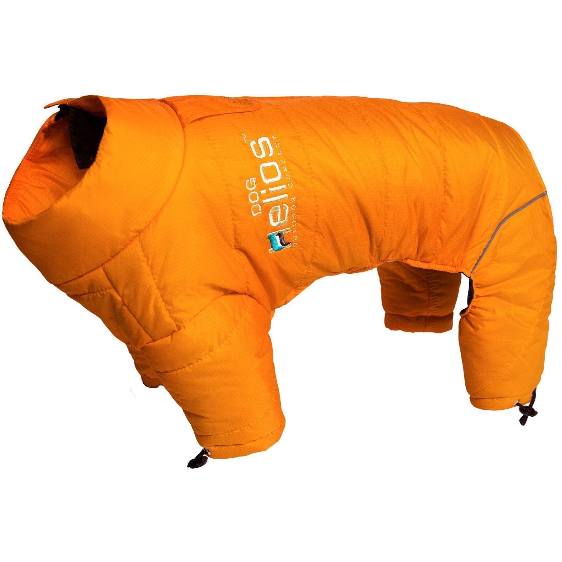 Orange reflective dog winter jacket, full-body fit with front opening and leg closures