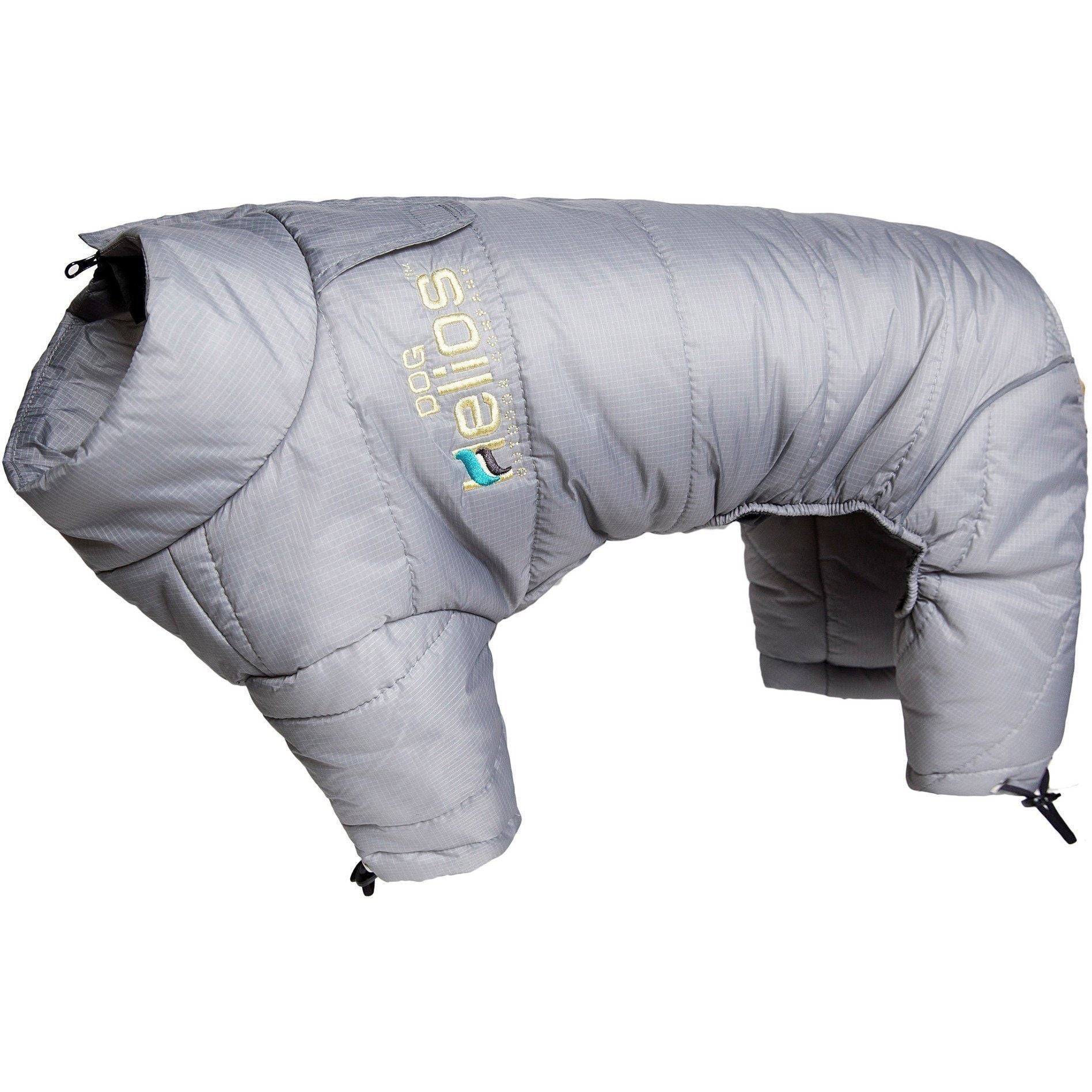 Grey full-body dog puffer jacket with side pocket openings and leg strap buckles