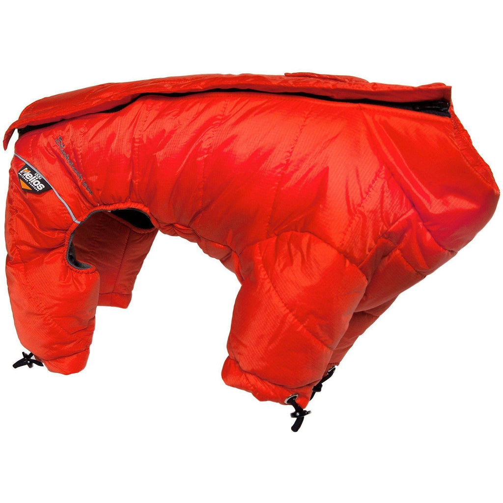 Red dog winter puffer jacket with full-body coverage and adjustable leg cord closures