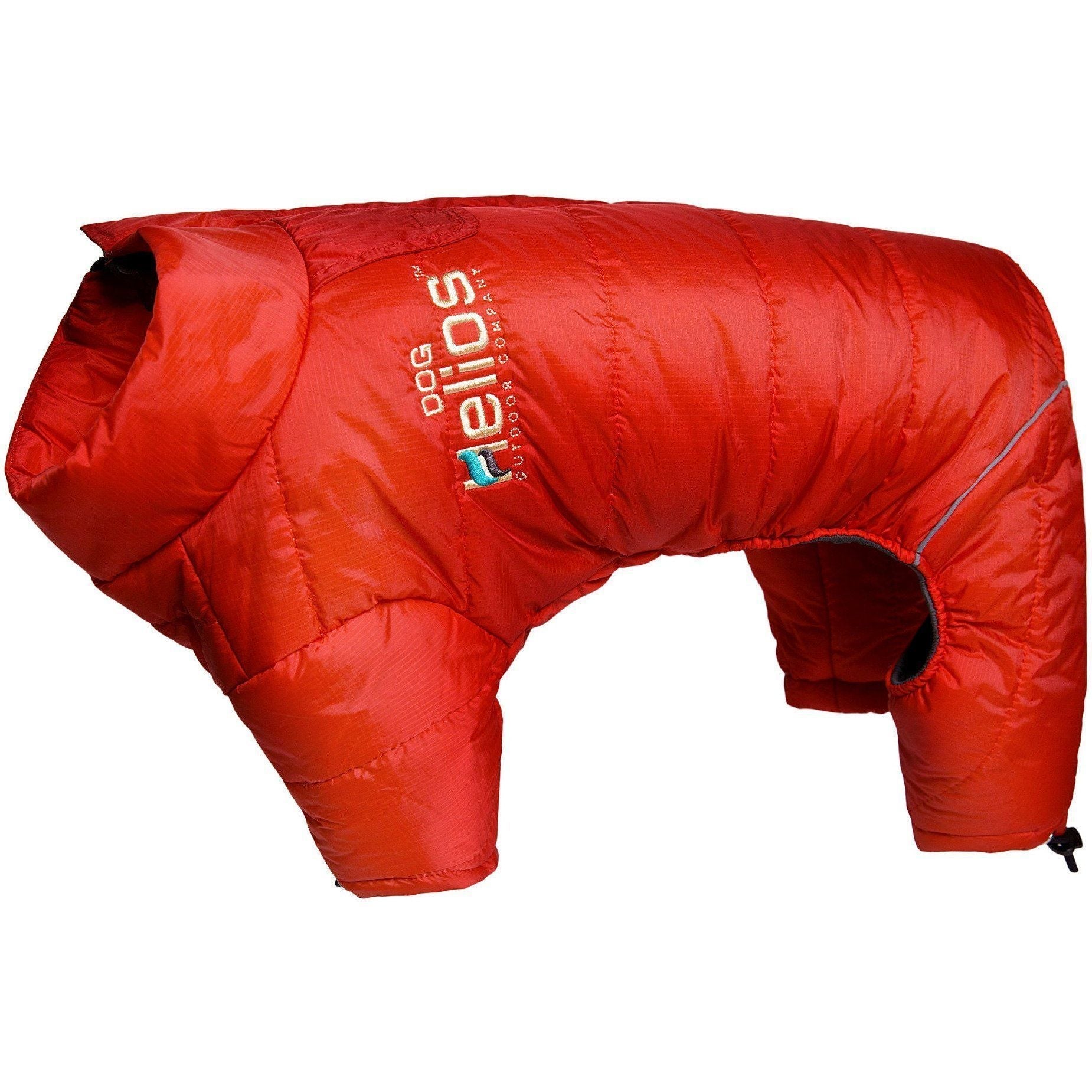 Red full-body dog winter jacket, adjustable hood, reflective piping, padded