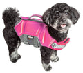 Pink dog life jacket vest with reflective panels and gray adjustable straps