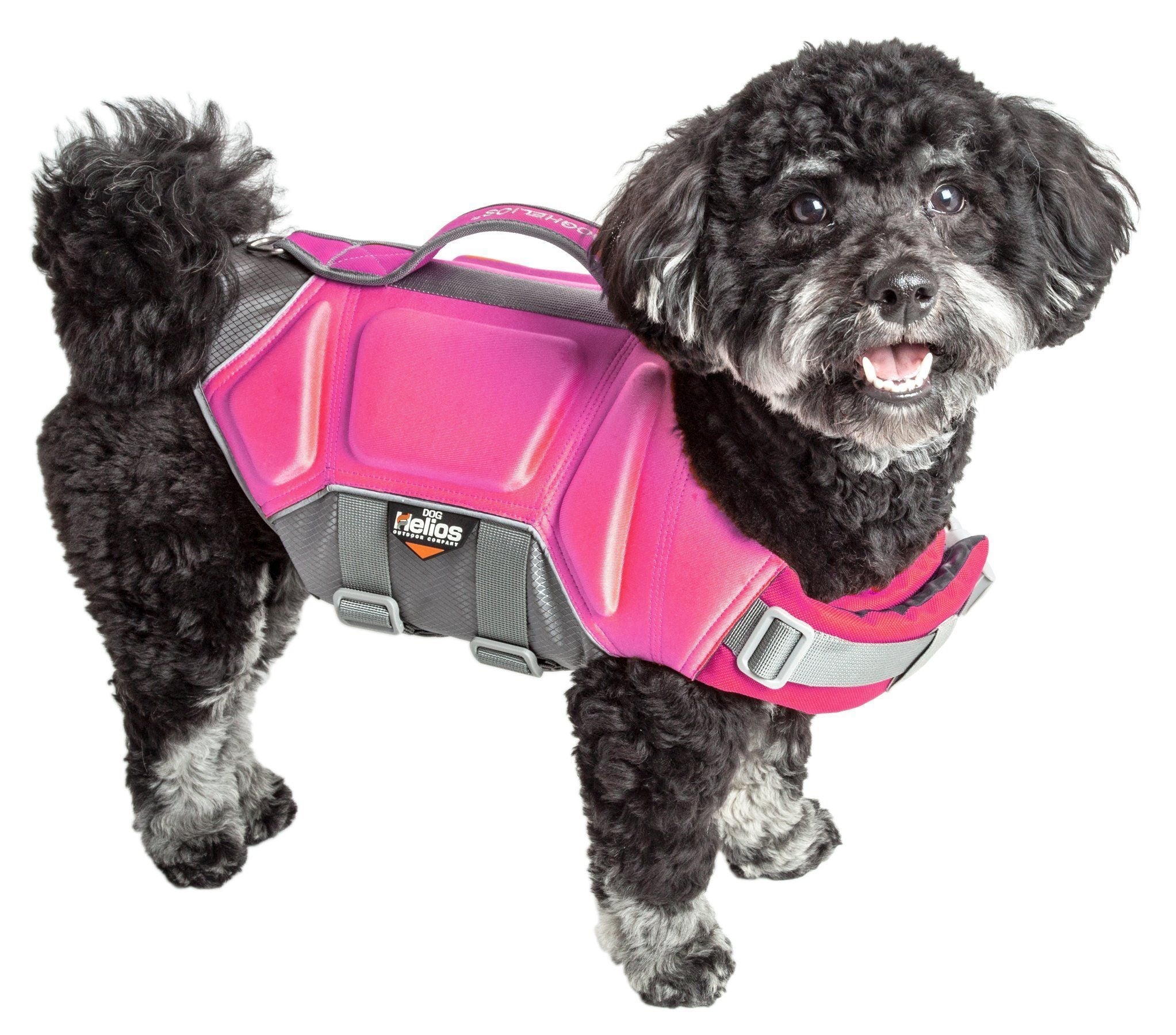 Pink dog life jacket vest with reflective panels and gray adjustable straps