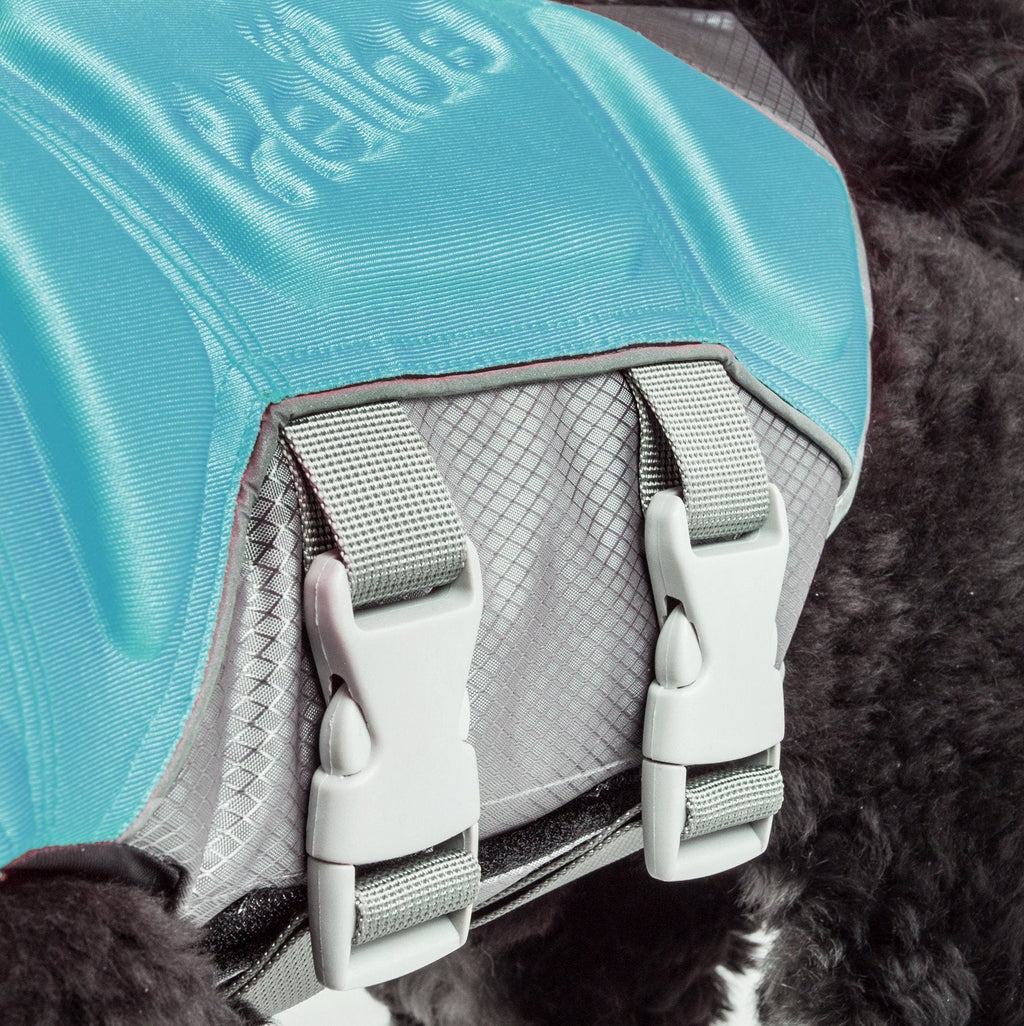 Close-up of light blue life jacket vest with gray buckles and textured strap padding