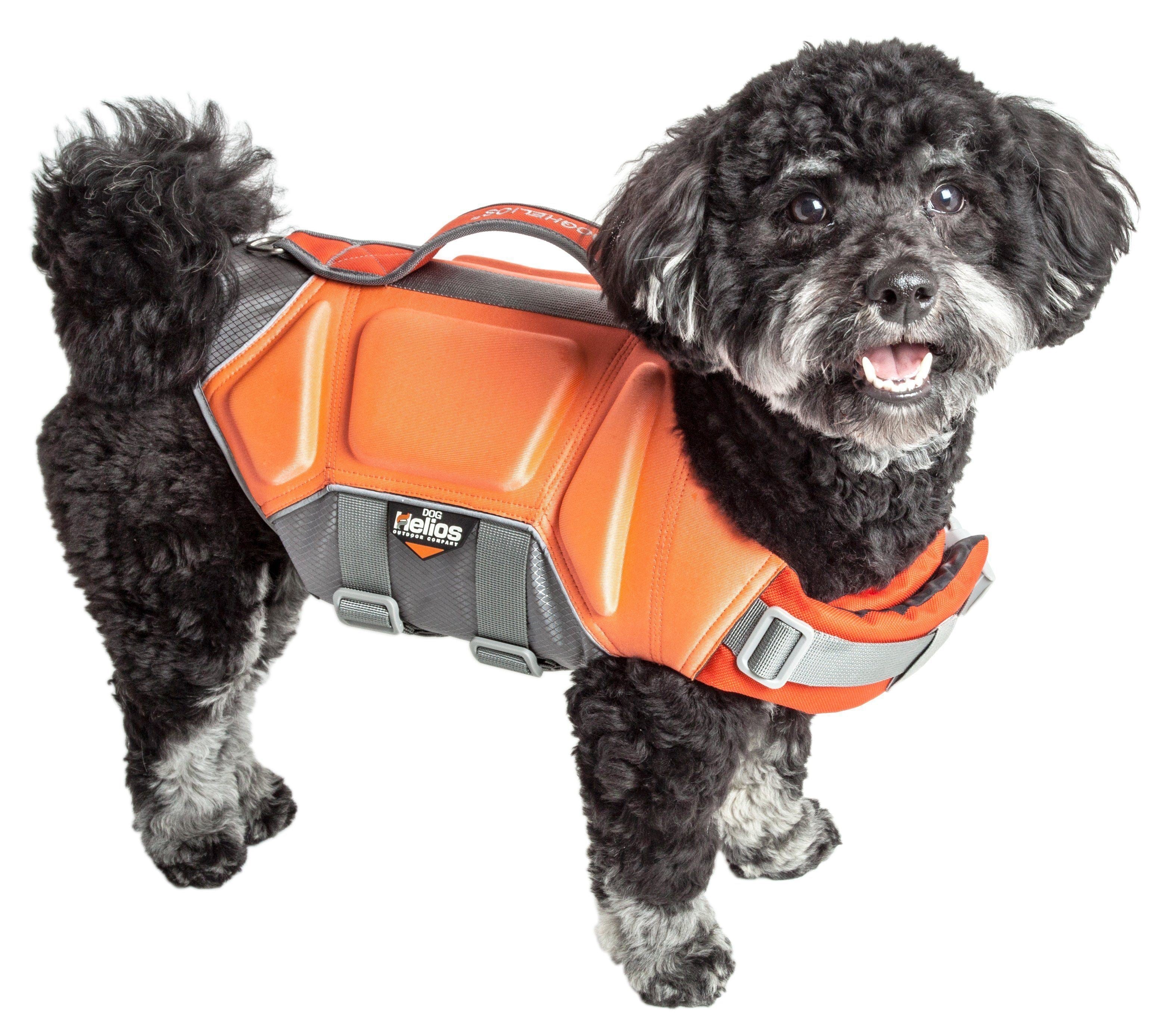 Orange dog life jacket vest with reflective panels and gray adjustable straps