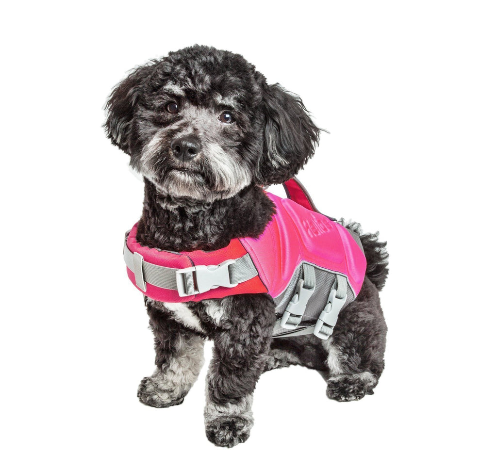 Pink pet life jacket vest with front buckles, gray straps, and padded buoyancy
