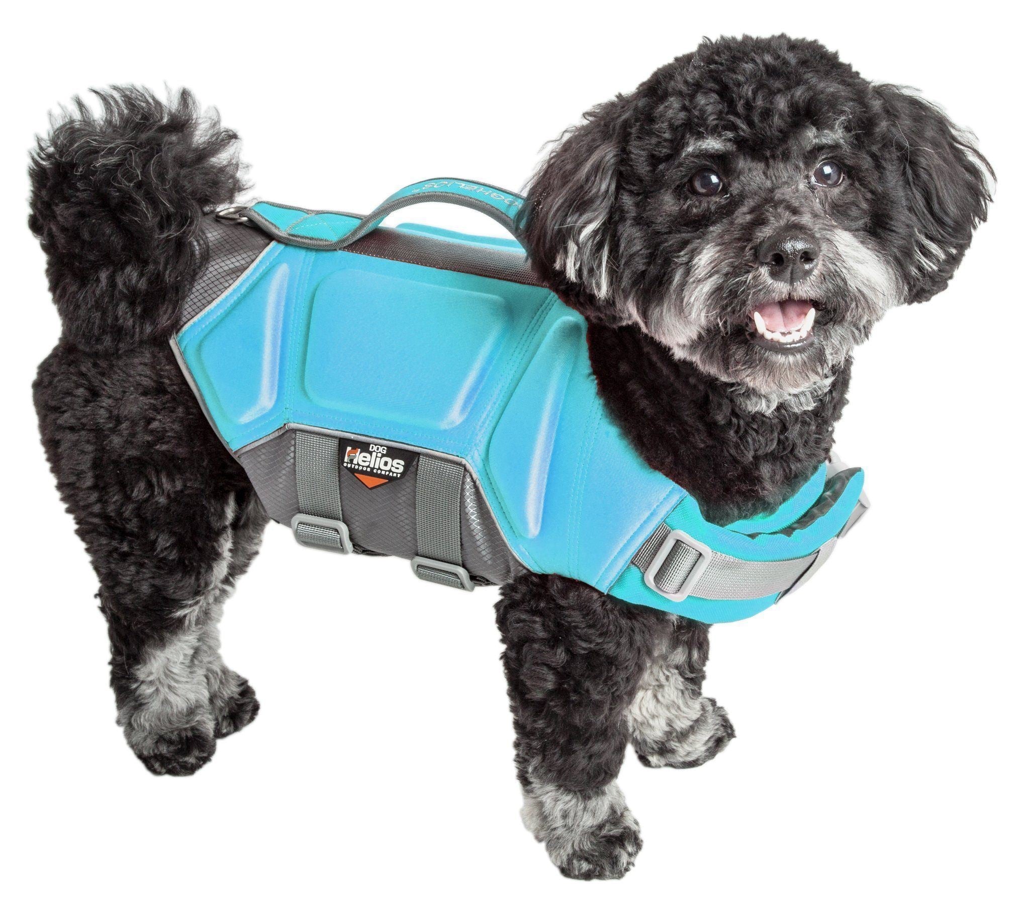 Light blue dog life jacket vest with reflective panels and gray adjustable straps