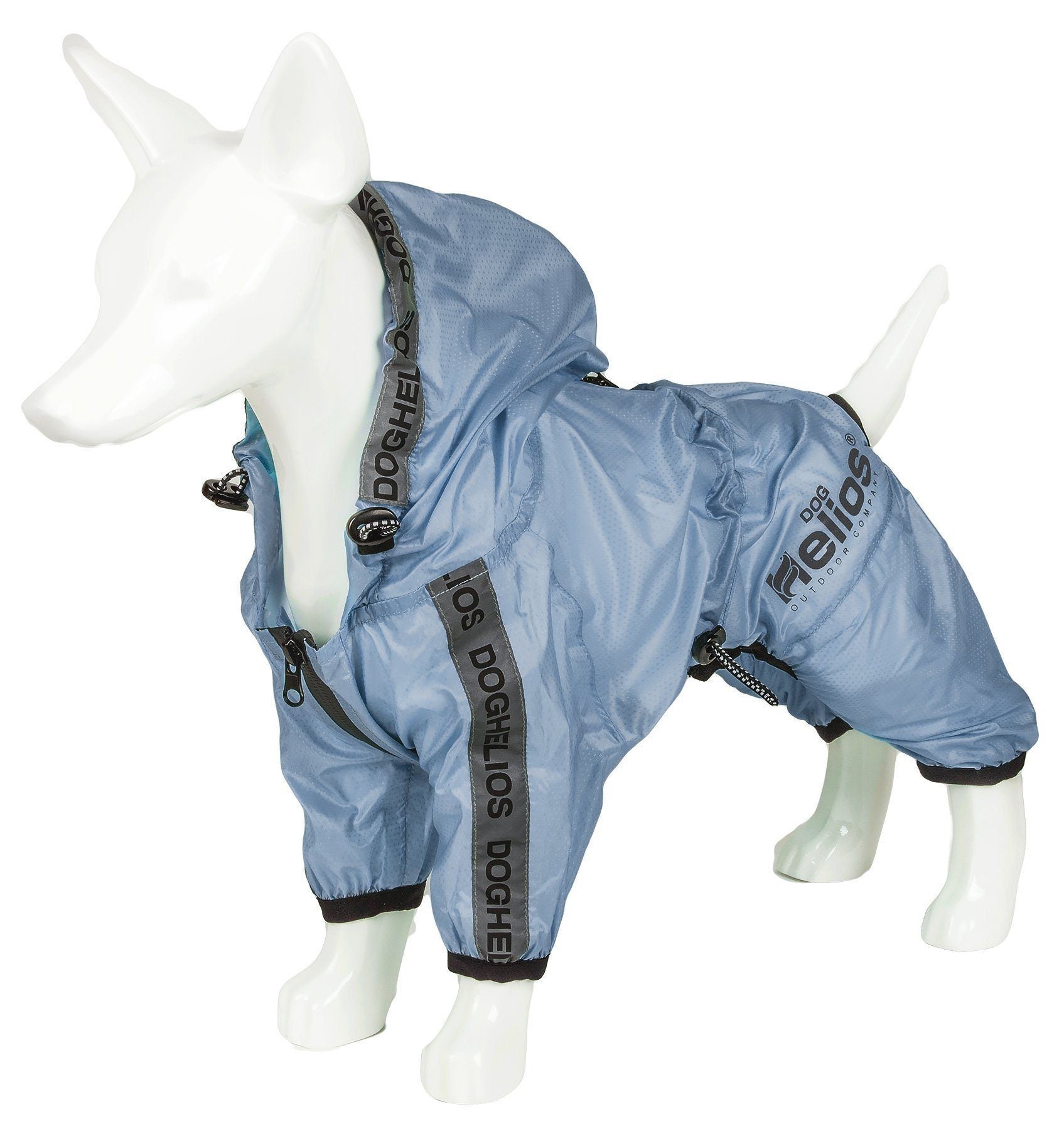 Light blue waterproof full-body dog raincoat with hood and adjustable leg straps
