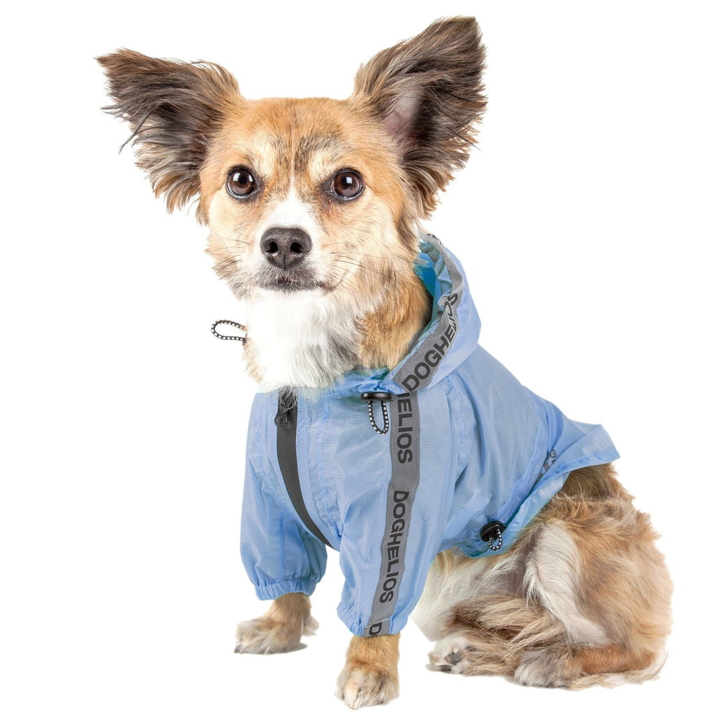 Royal blue dog raincoat poncho with adjustable straps and front zipper closure