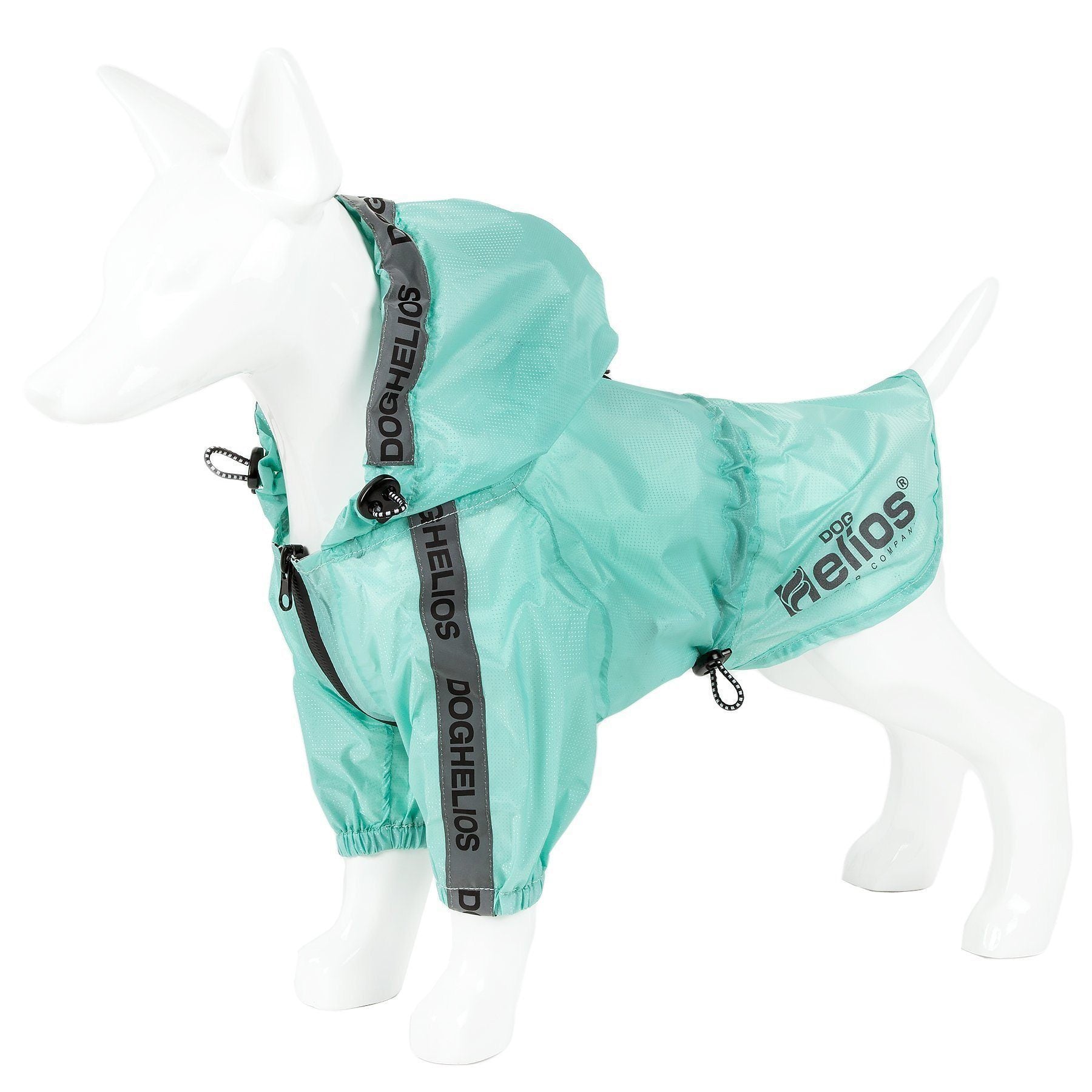 Aqua blue waterproof dog raincoat poncho with adjustable straps and hood, side view