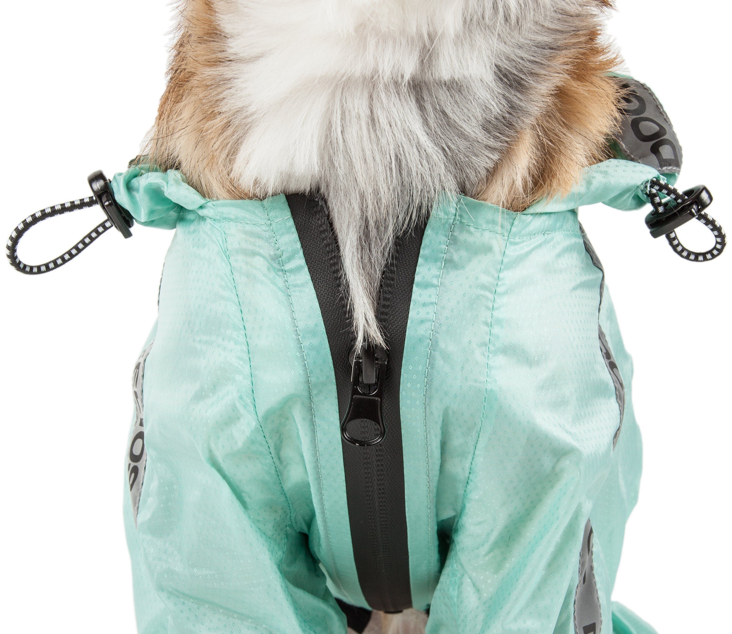 Aqua blue raincoat back view with reflective? center strap and adjustable side ties