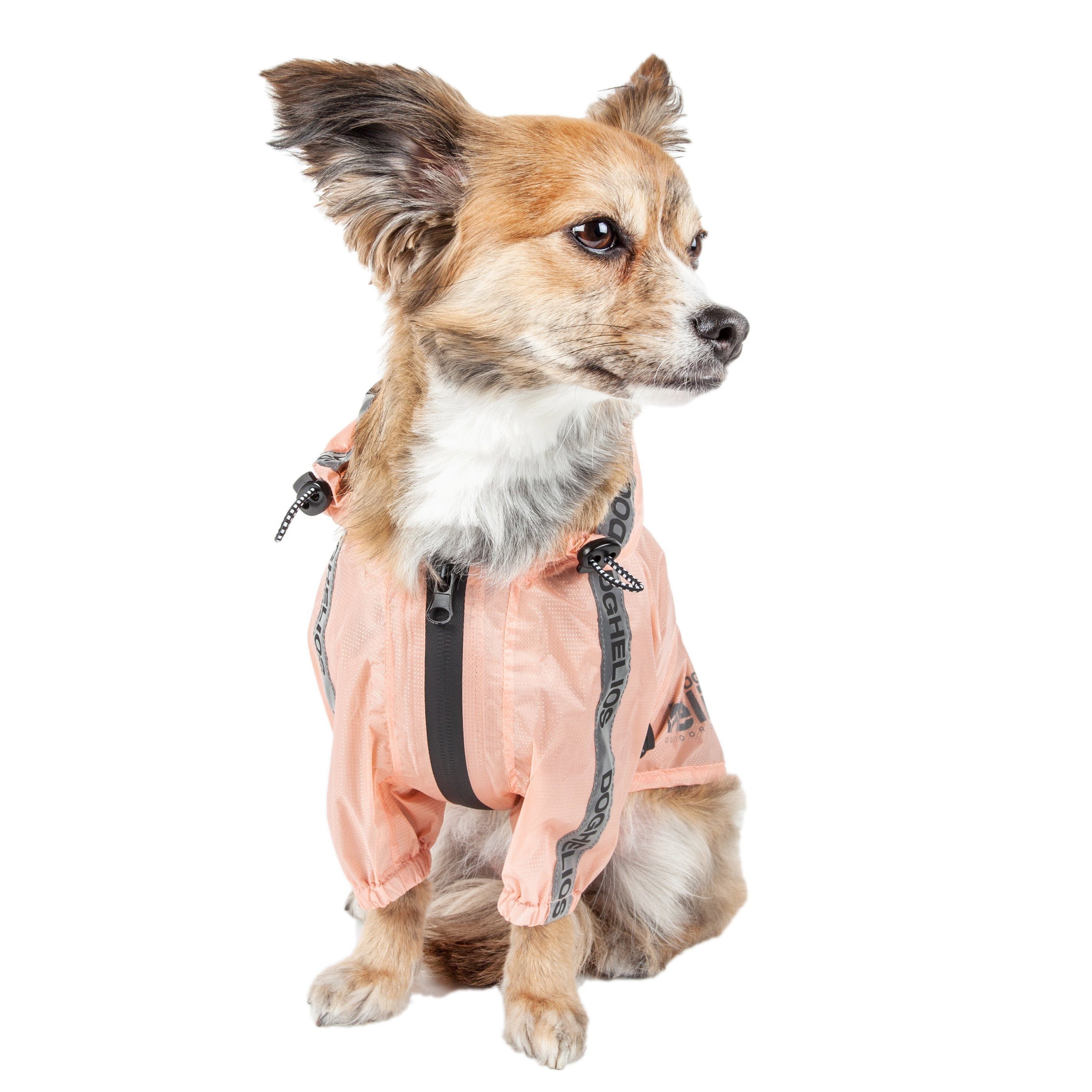 Peach waterproof dog raincoat poncho with adjustable straps and front zipper