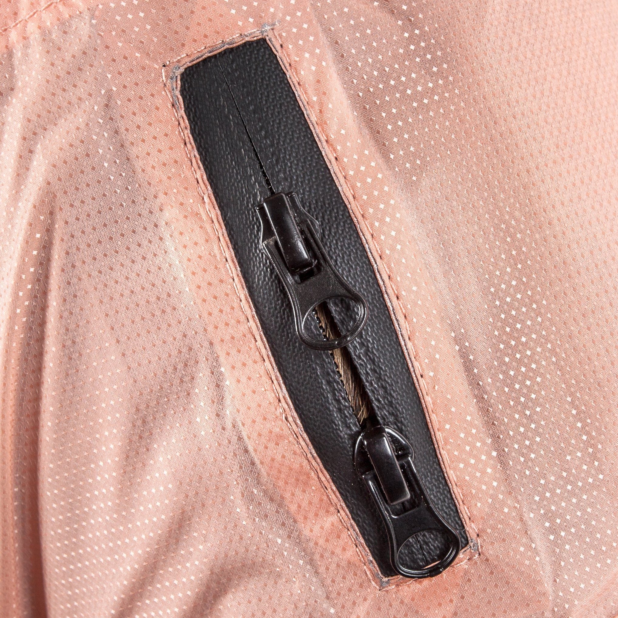 Peach raincoat strap zipper with metal pull and loop for adjustable fit