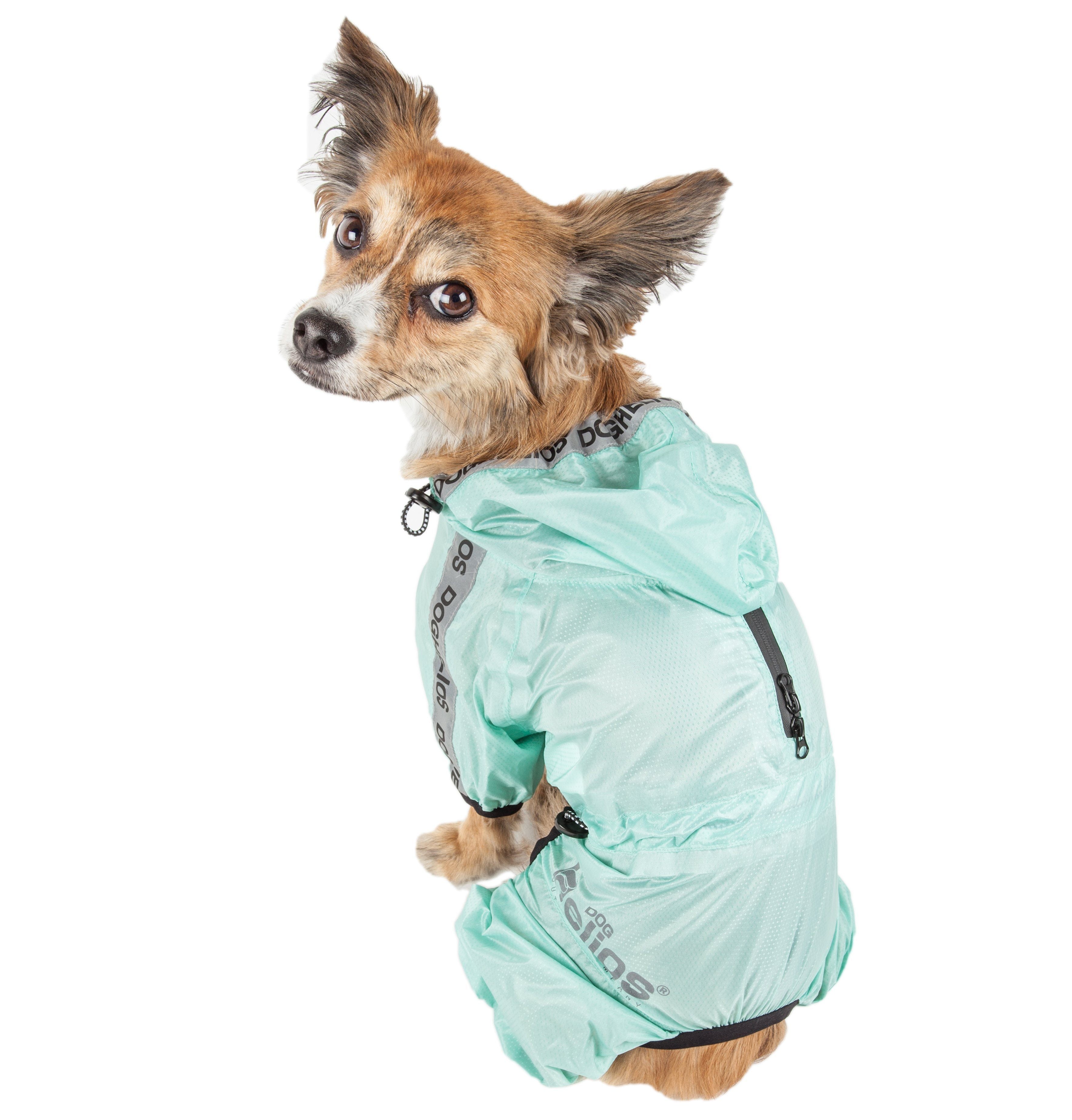 Aqua waterproof full-body dog raincoat, side view with adjustable straps and covered legs