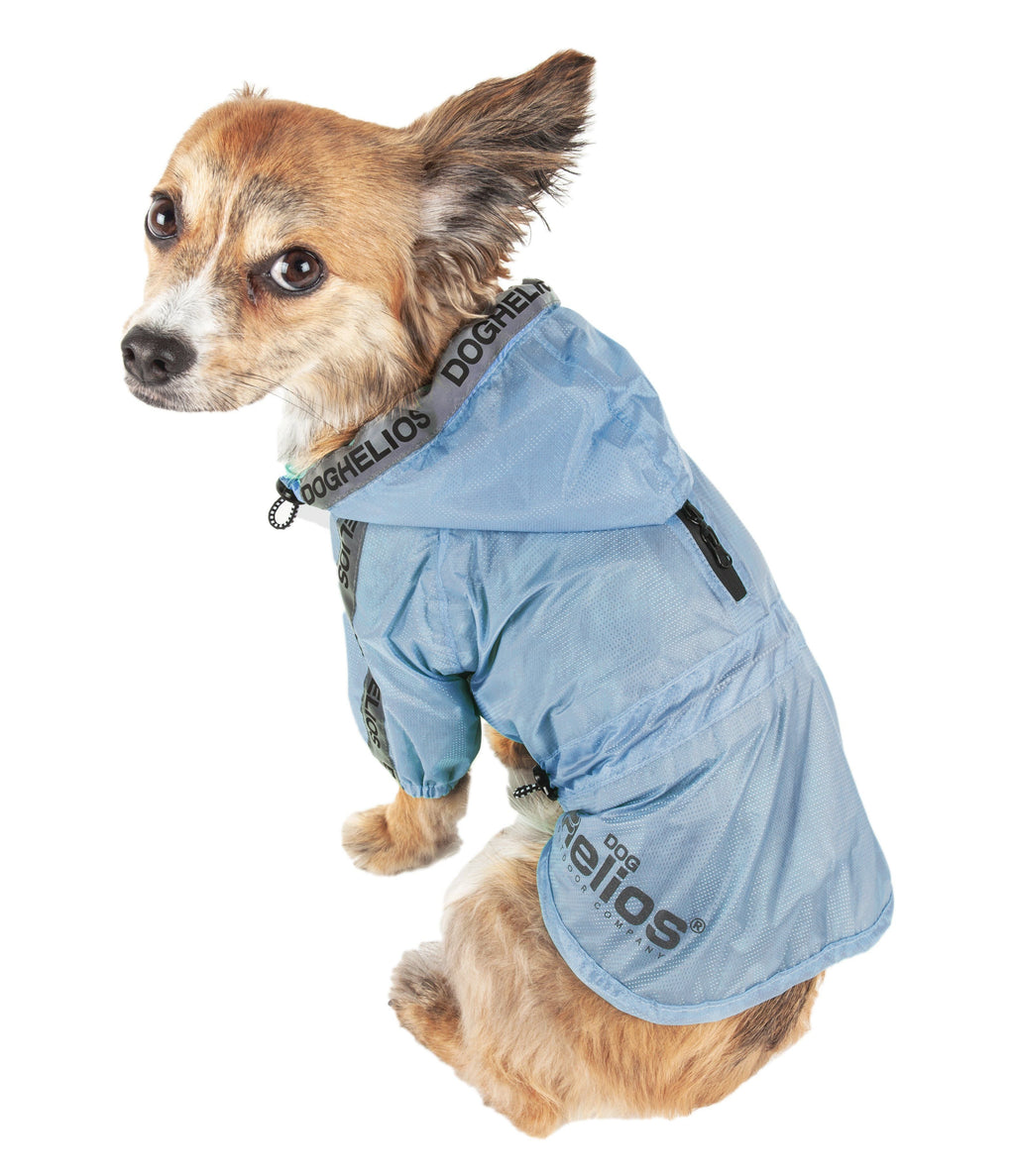 Royal blue waterproof dog poncho raincoat, side view with hood and strap details