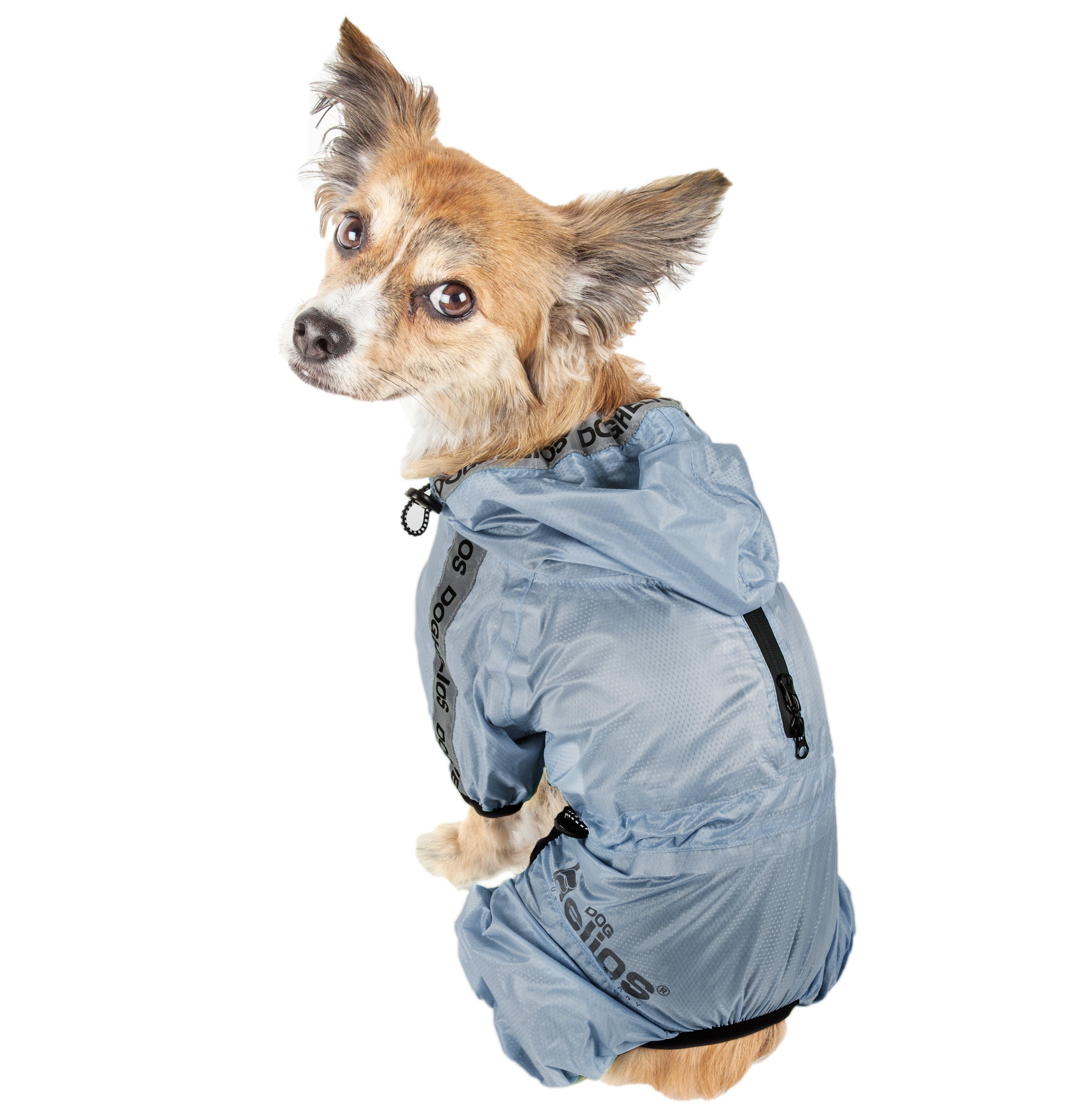 Royal blue waterproof full-body dog raincoat with hood and adjustable back straps