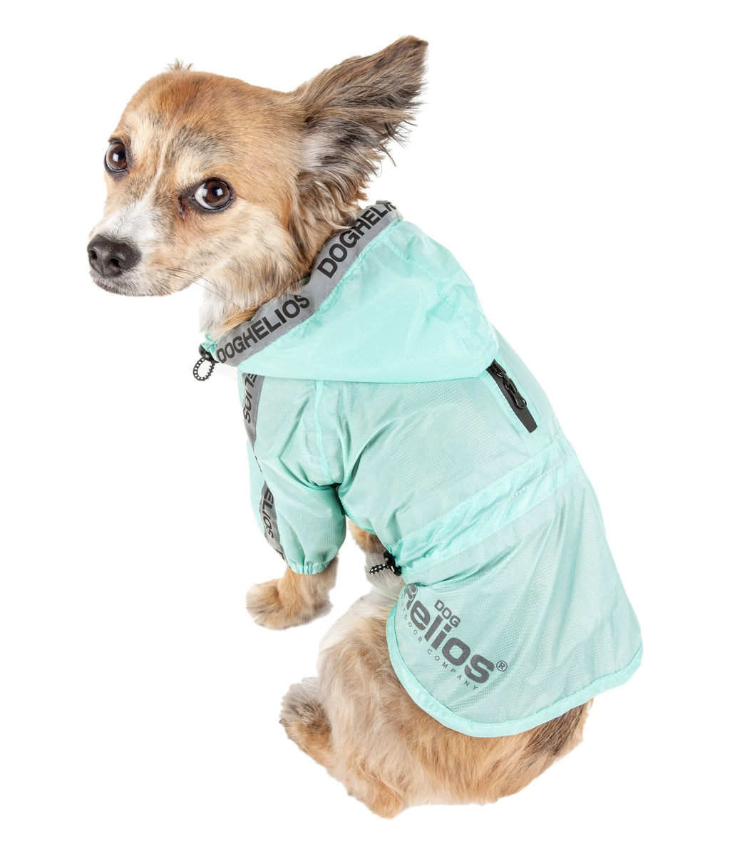 Aqua blue waterproof dog raincoat poncho, side view with hood and fastening tabs
