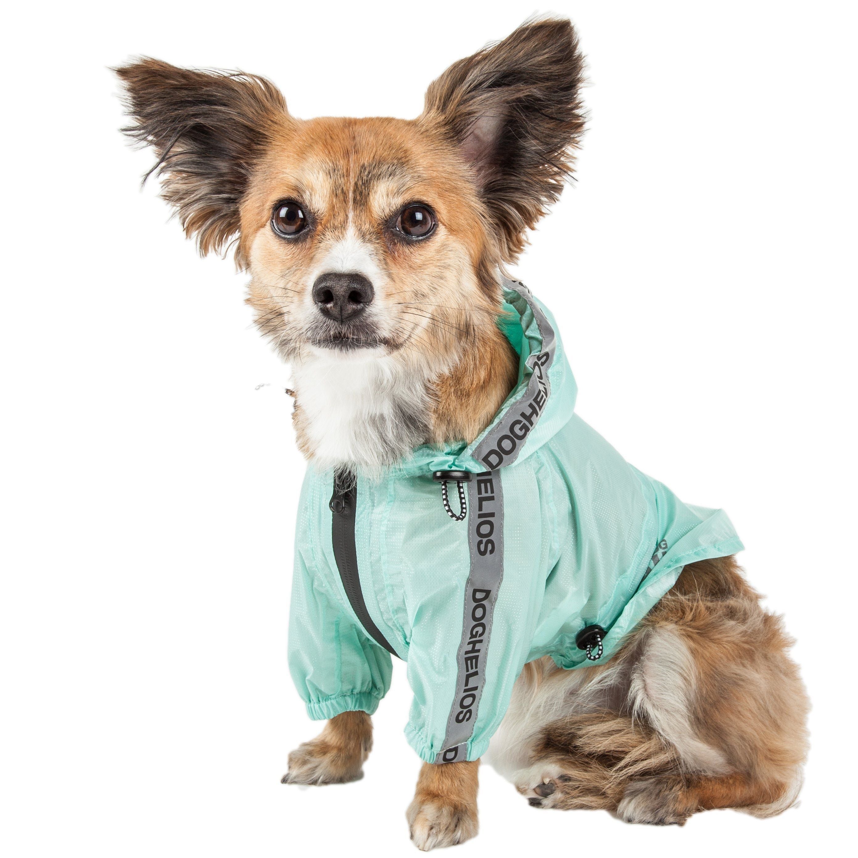 Aqua blue waterproof dog raincoat poncho with adjustable neck strap and front zipper