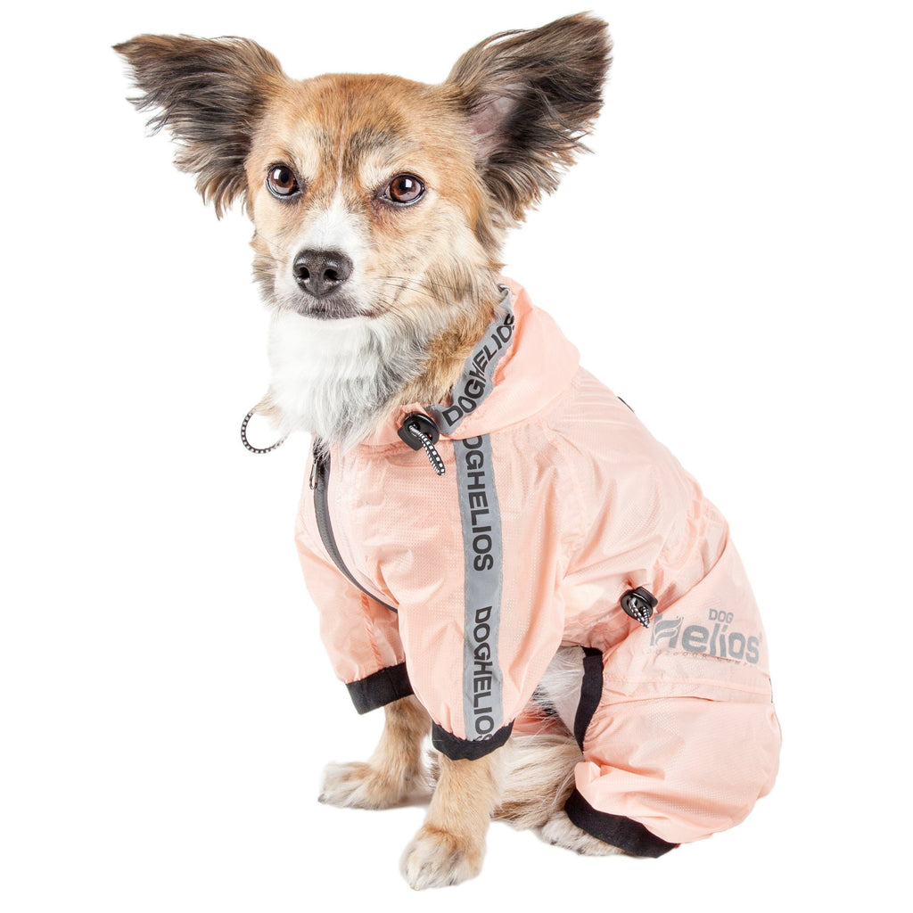 Peach waterproof dog raincoat with full-body coverage, black trim, and adjustable straps