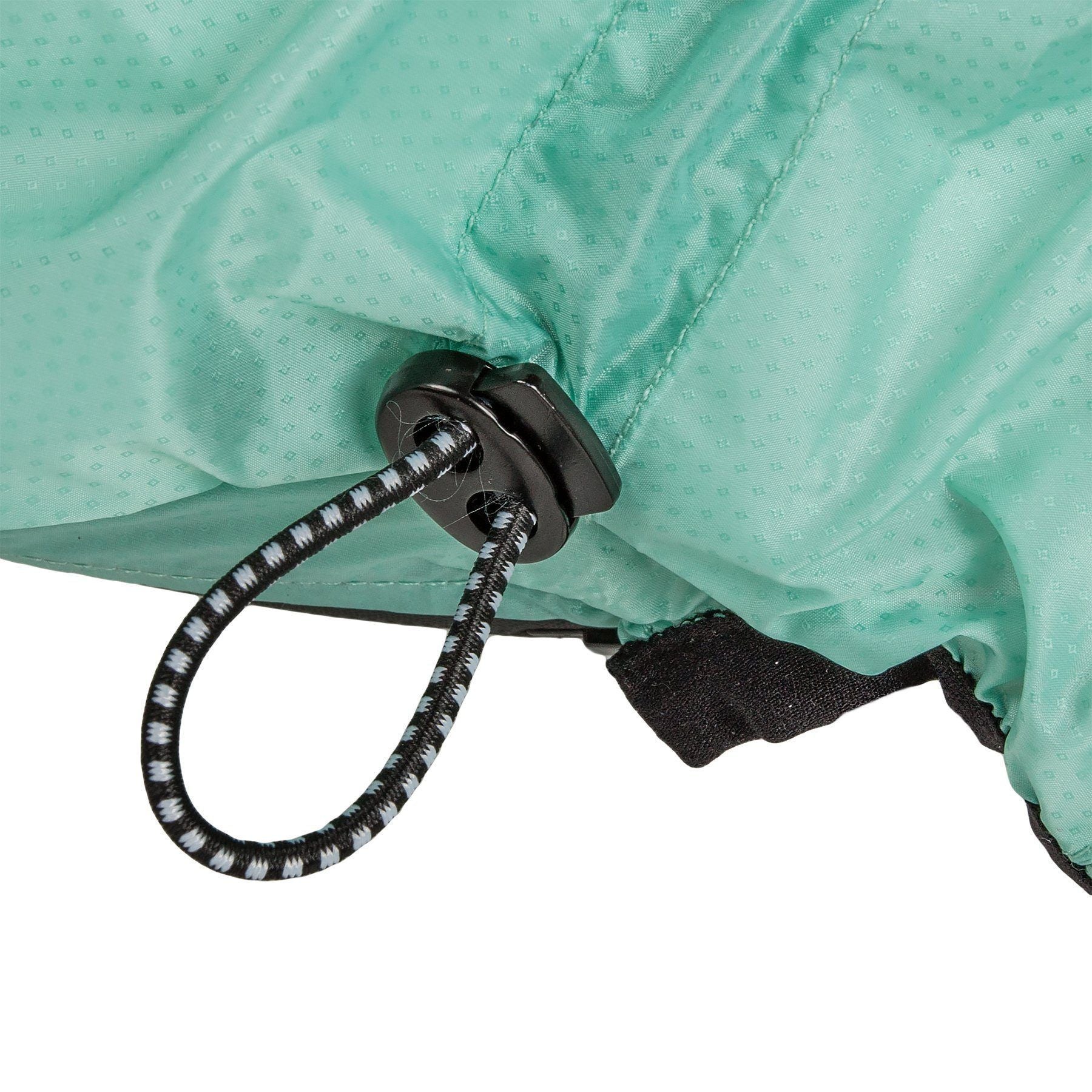 Aqua blue raincoat close-up of looped cord drawstring and black fastening clip