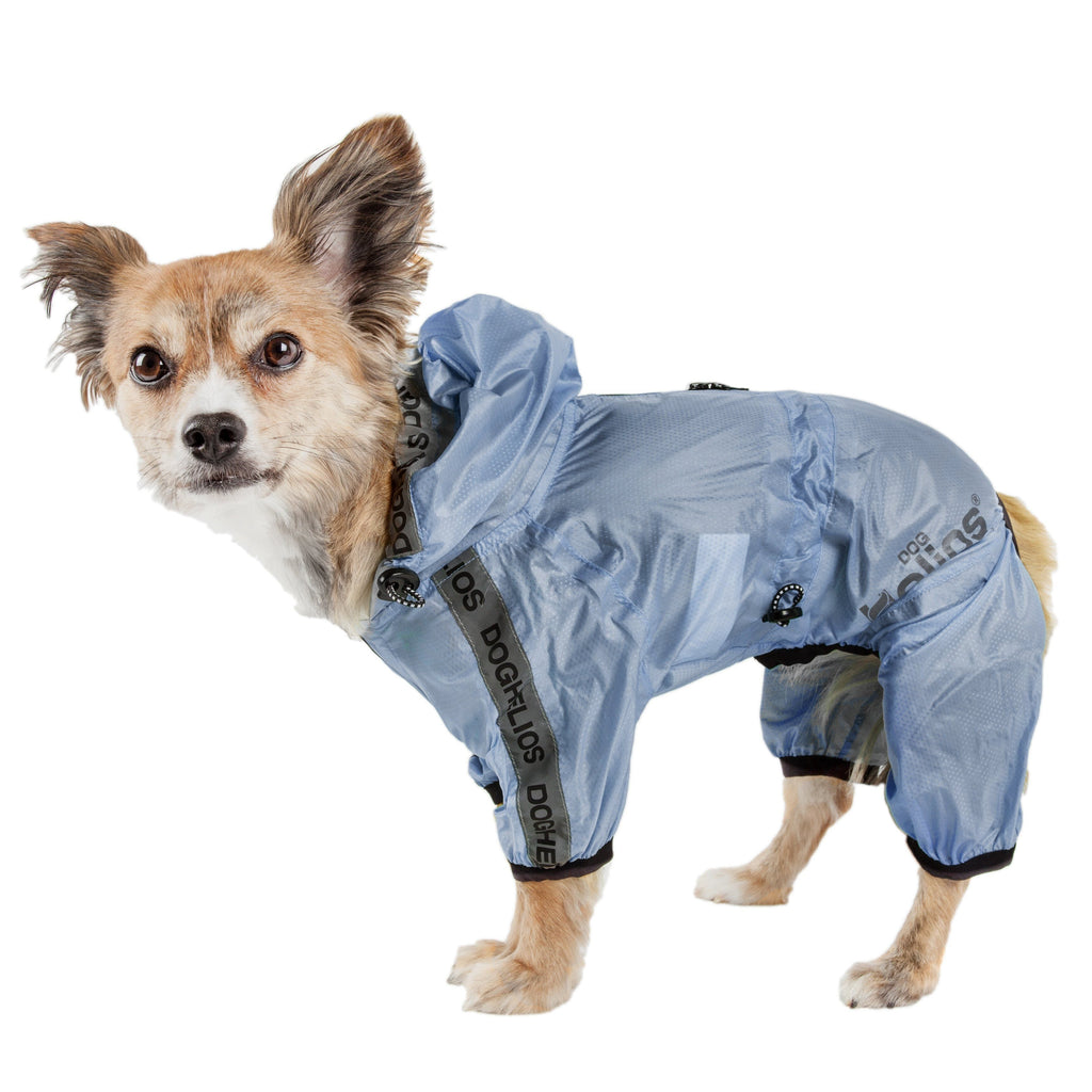 Light blue waterproof full-body dog raincoat with adjustable leg straps and paw openings