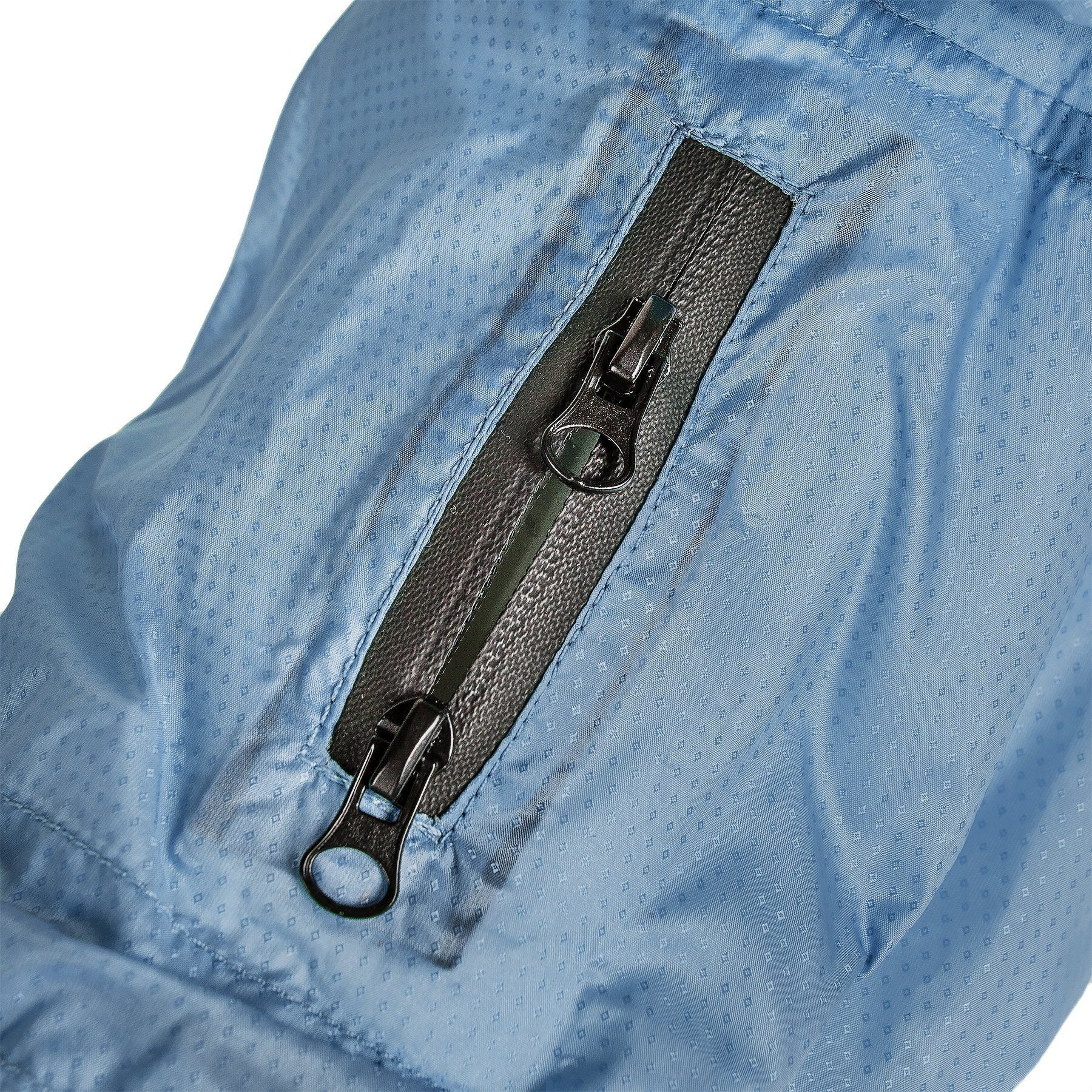 Light blue raincoat strap zipper with metal pull and loop for adjustable fit
