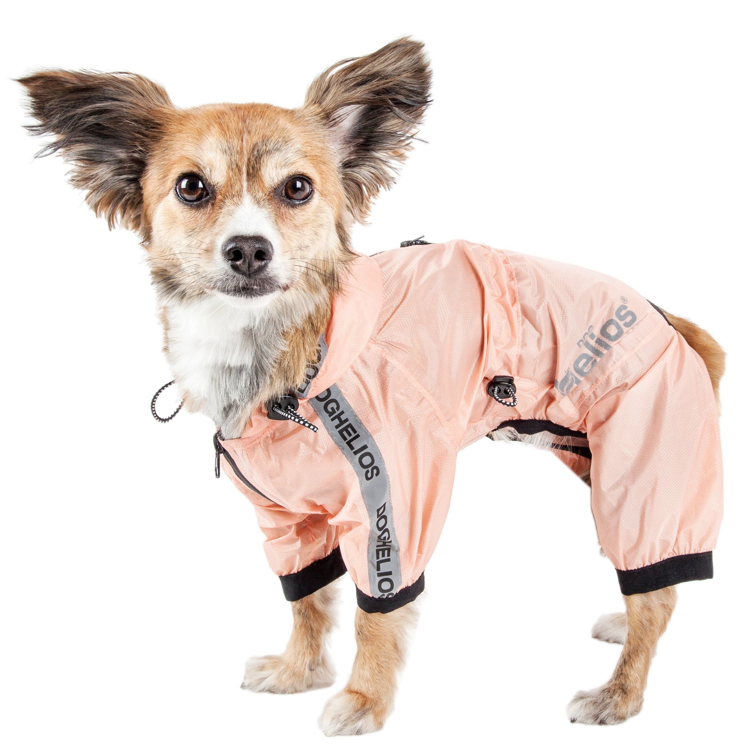 Peach waterproof full-body dog raincoat with adjustable chest and leg straps