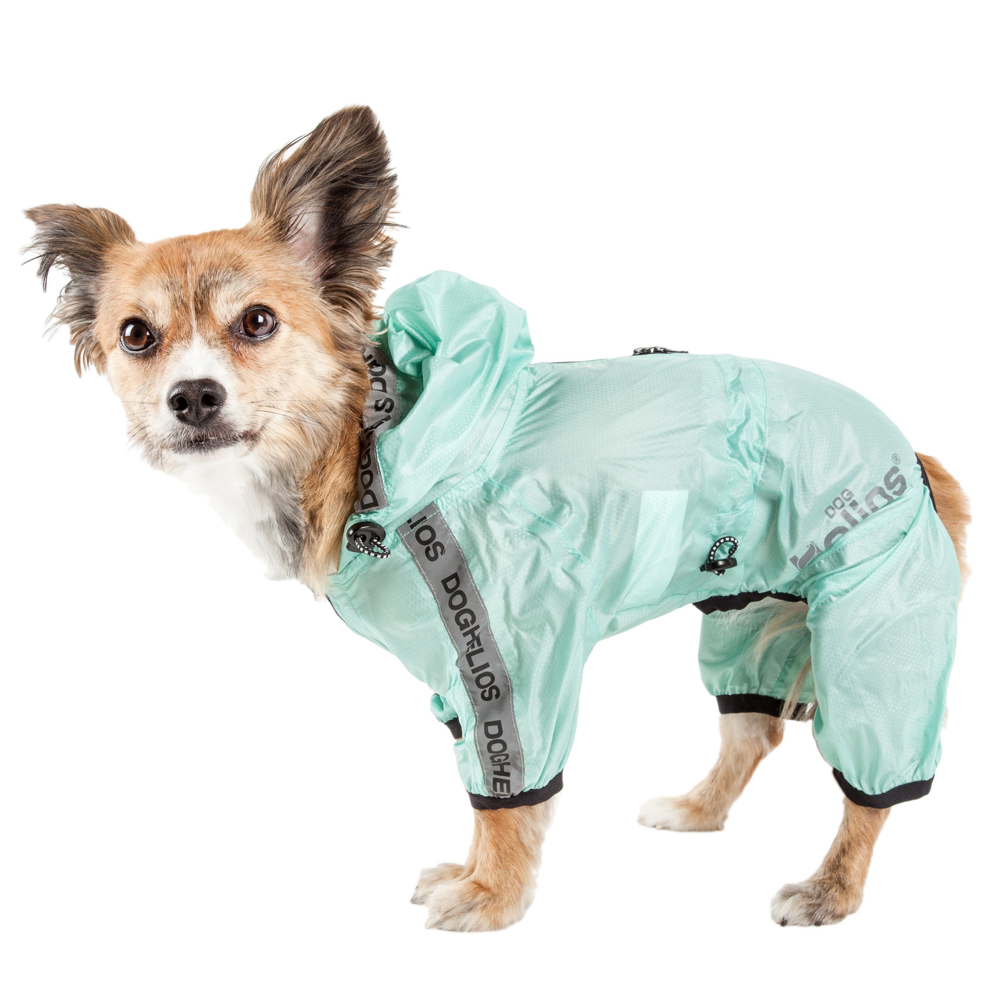 Aqua waterproof full-body dog raincoat with adjustable leg straps and covered belly