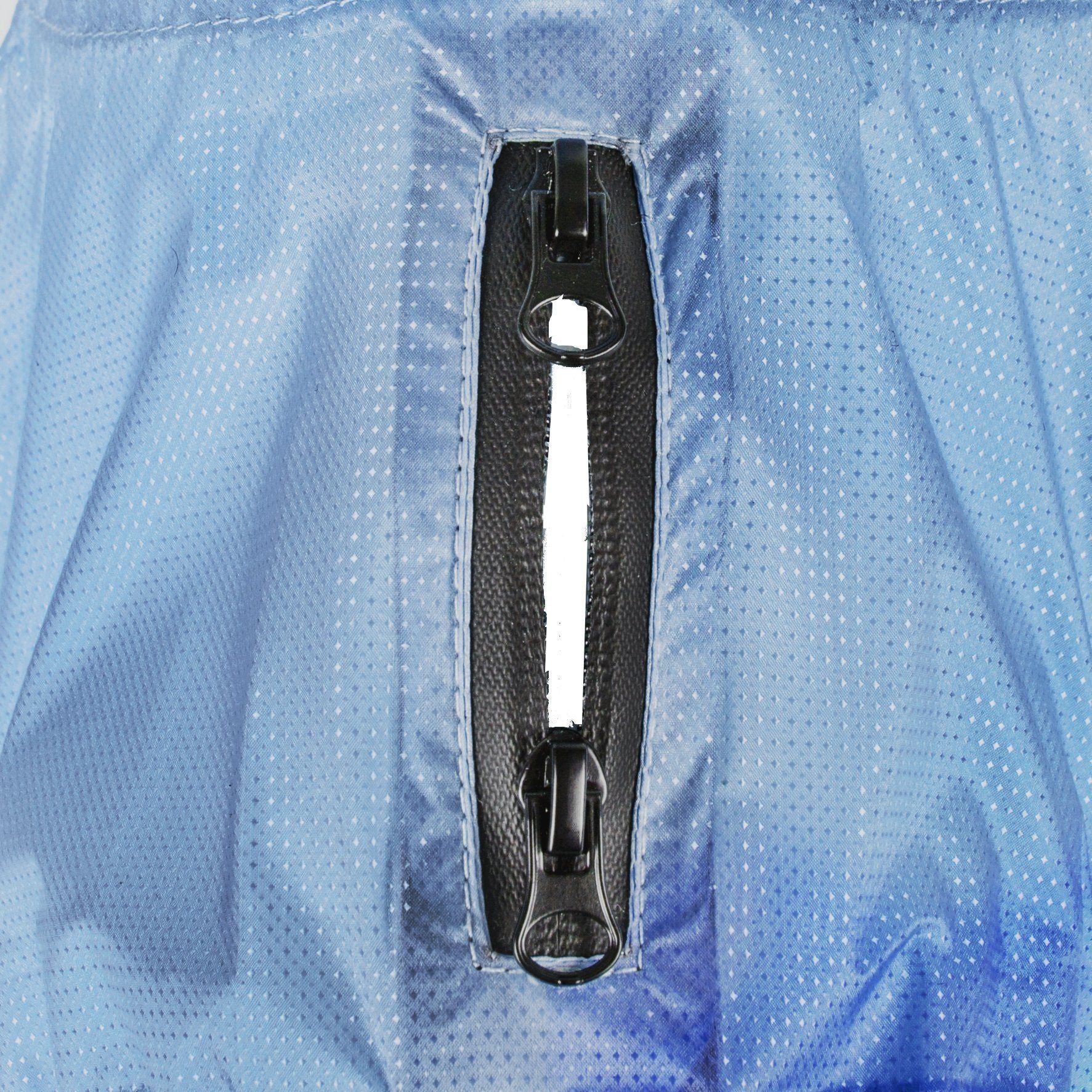 Close-up of royal blue raincoat poncho zipper with two black pull tabs