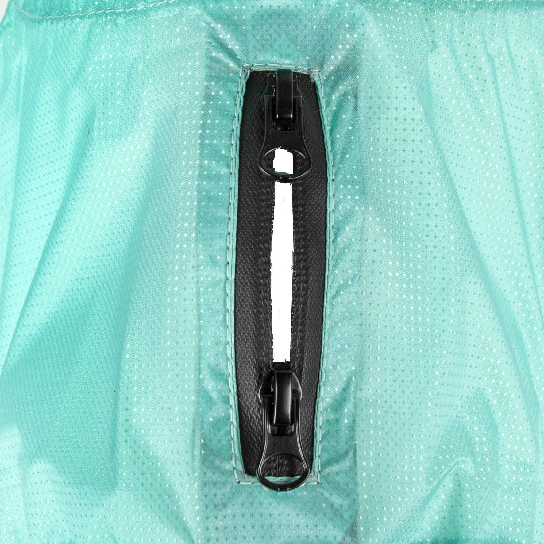 Close-up of aqua blue raincoat poncho zipper with two black pull tabs