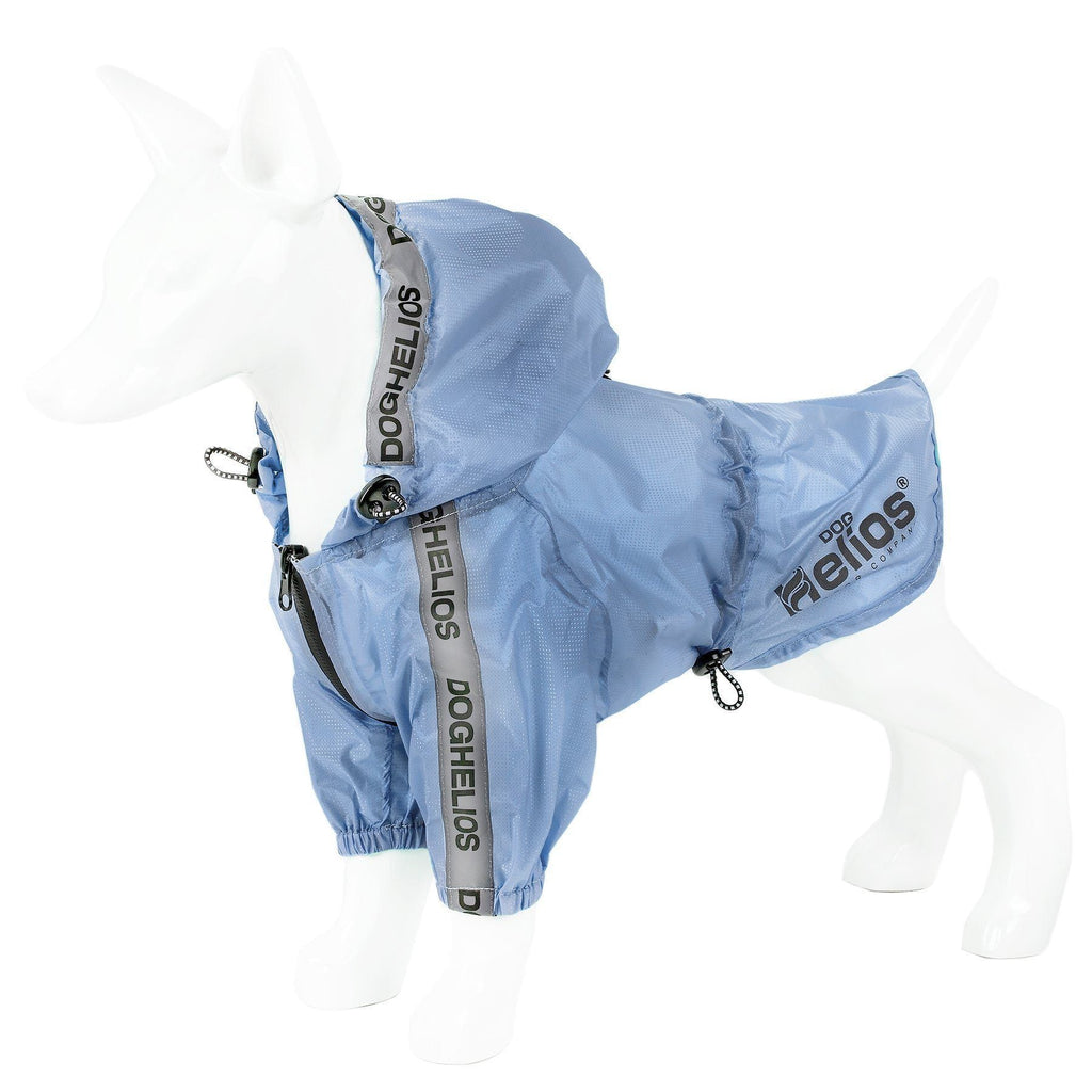 Royal blue waterproof dog raincoat poncho on mannequin, hood and front straps visible