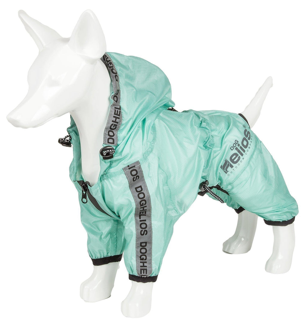 Aqua blue waterproof full-body dog raincoat with hood, front zip, and black trim