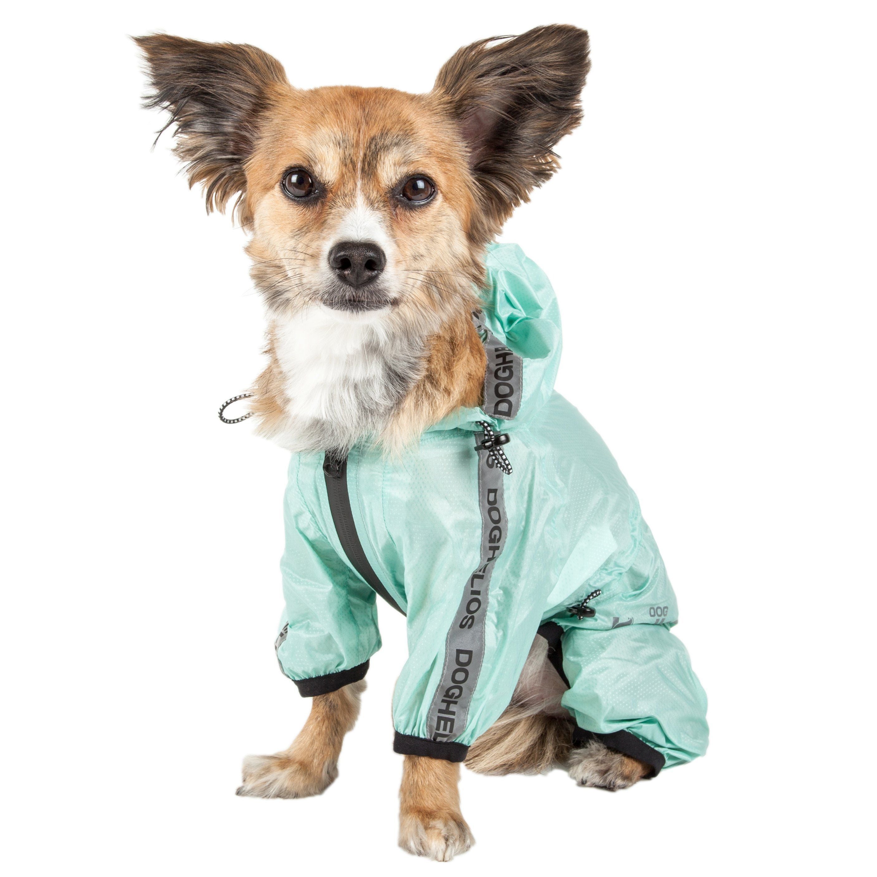 Aqua waterproof dog raincoat with full-body coverage, black trim, and adjustable straps