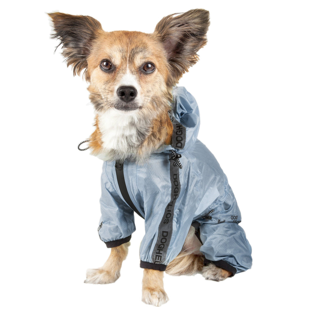 Light blue waterproof dog raincoat with full-body coverage and adjustable leg openings