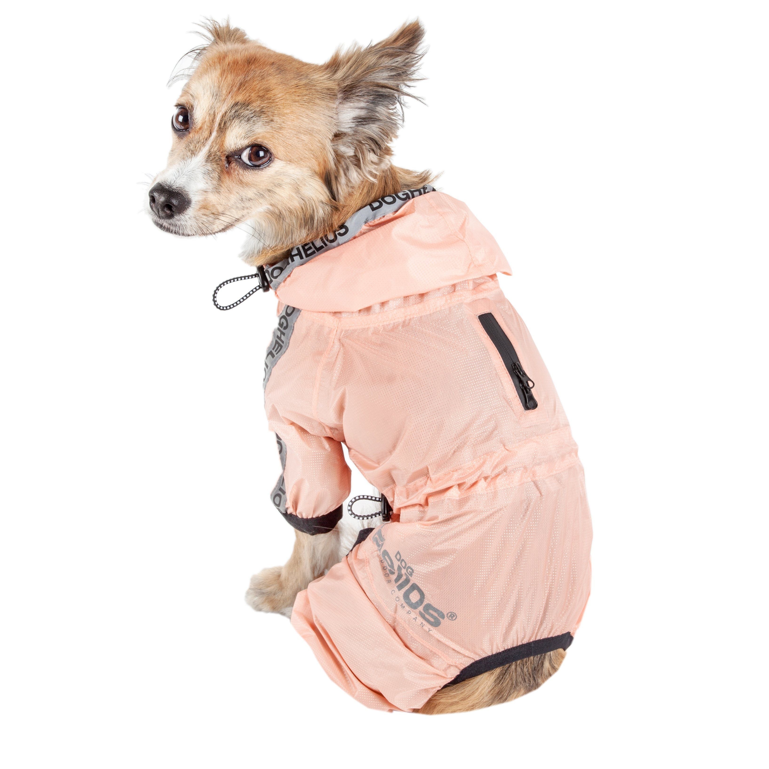 Peach waterproof full-body dog raincoat with hood, adjustable straps and black trim