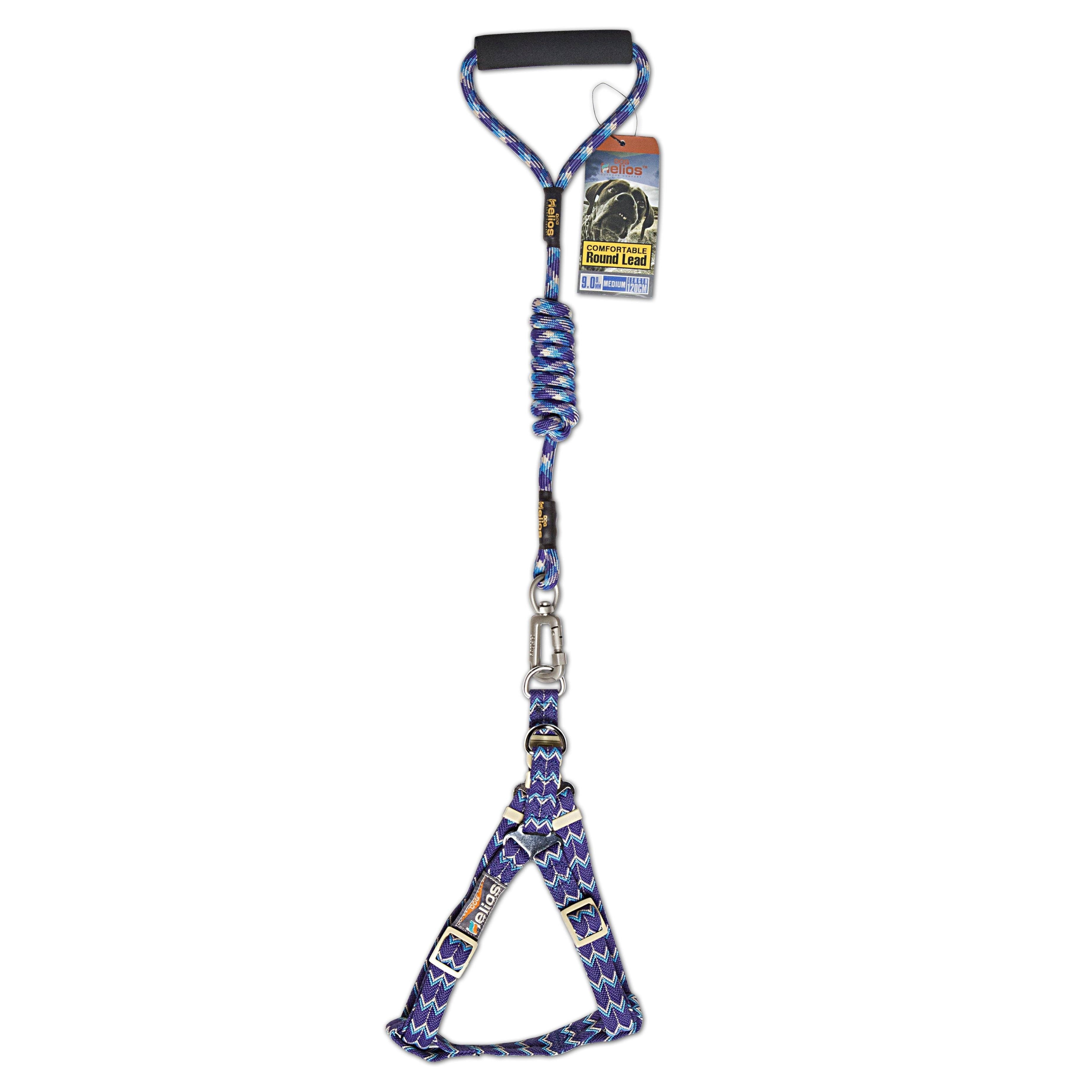 Dog leash and harness set with purple-blue patterned webbing and metal clips