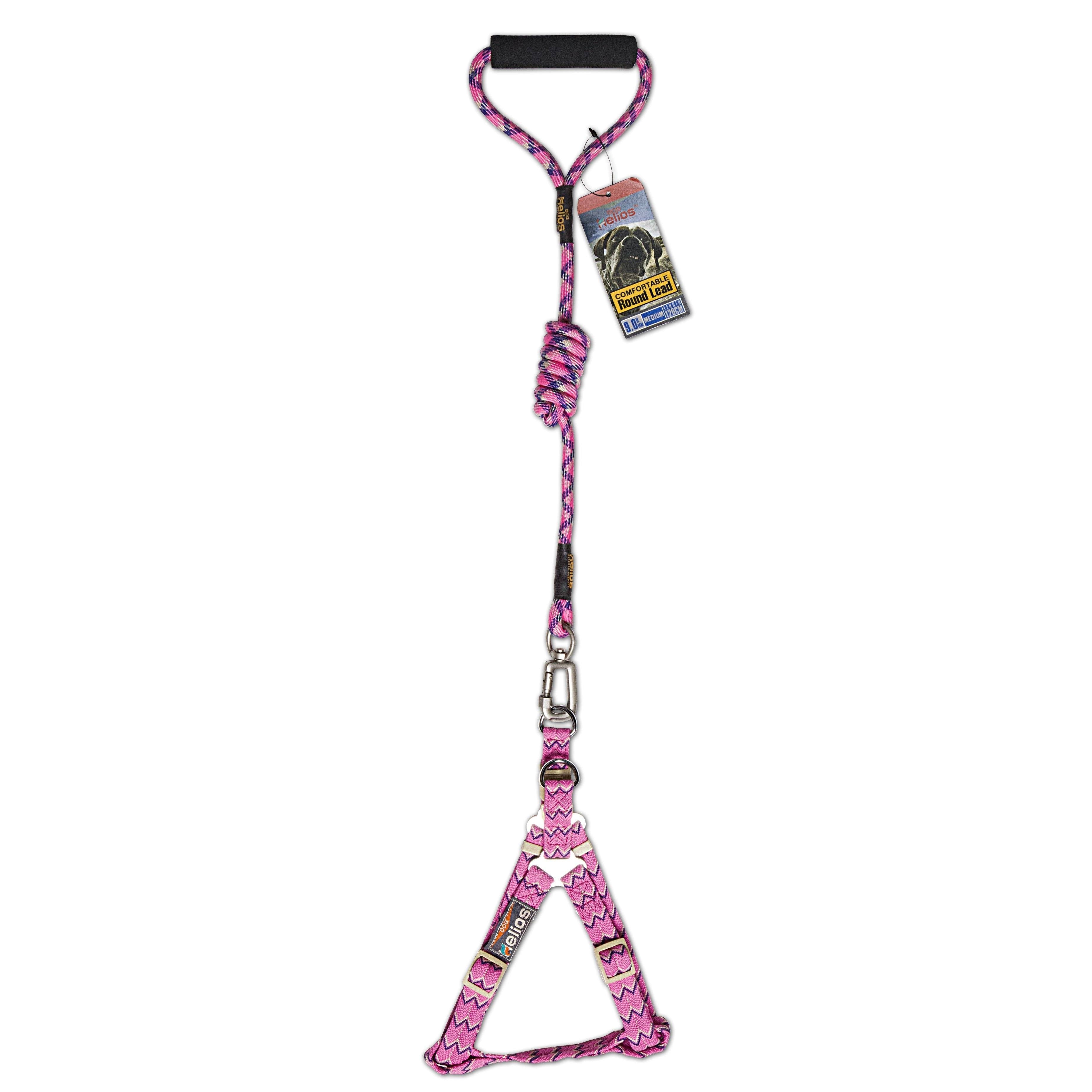 Dog leash and harness set, pink and purple chevron webbing with metal clips