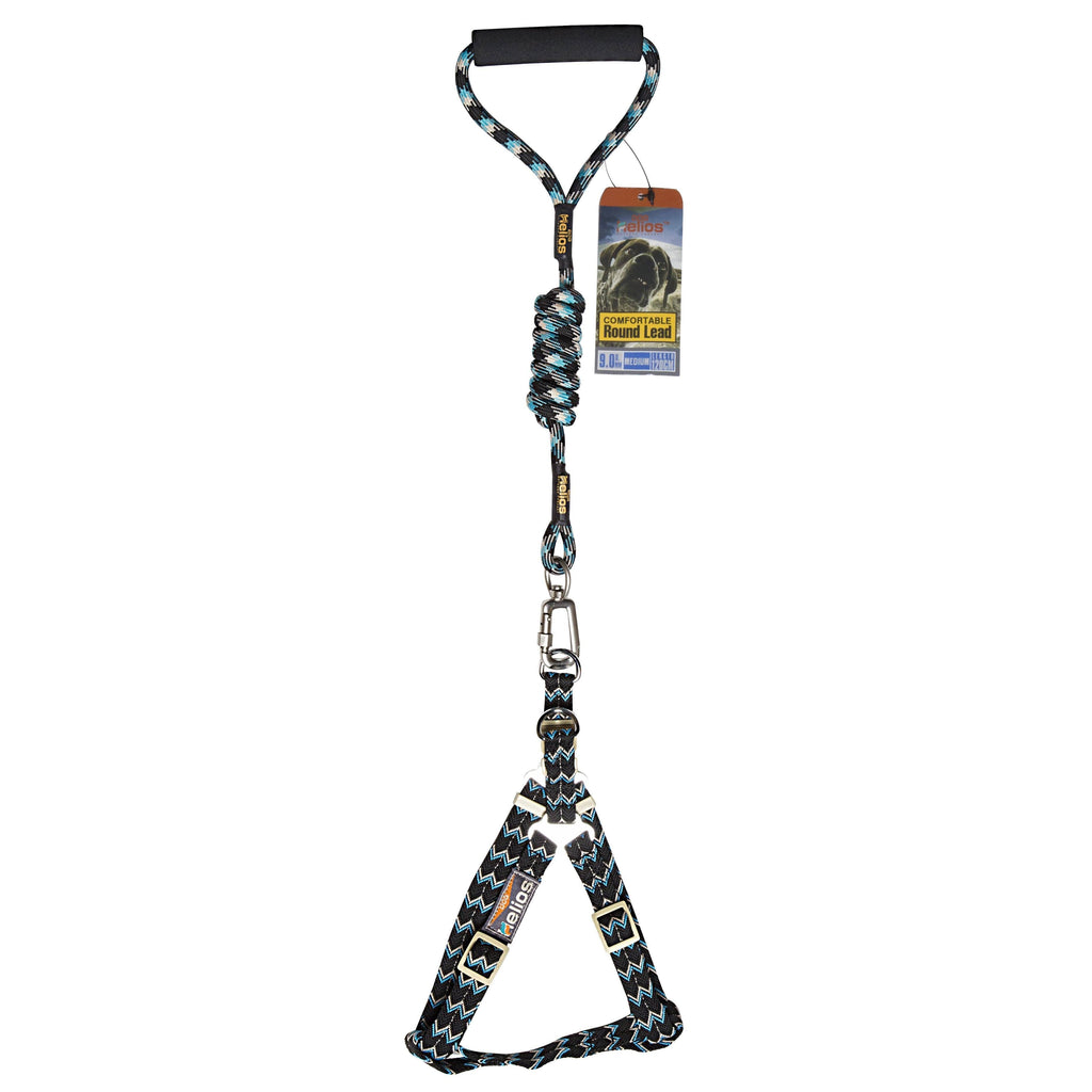 Black dog leash with teal zigzag harness-style strap and round bungee section