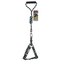 Black dog leash with teal zigzag harness-style strap and round bungee section