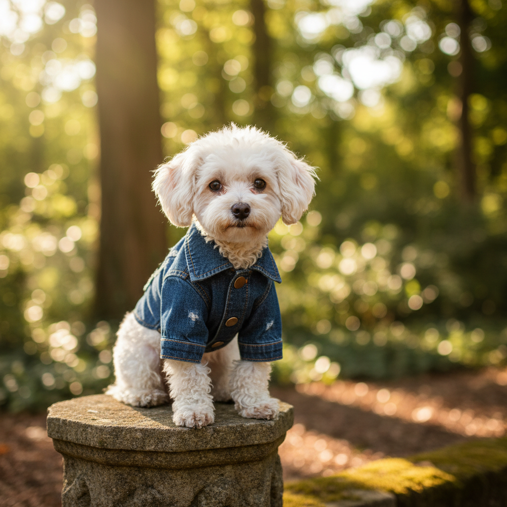 Dog in Denim Jacket with Blurred Trees Background