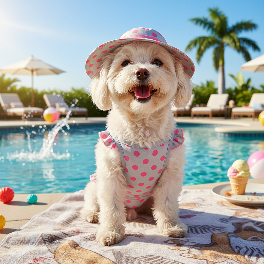 Pink polka-dot pet bikini swimwear set on small dog