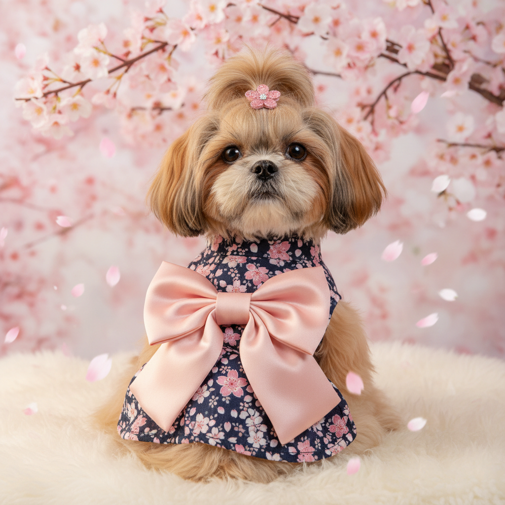 Small dog wearing navy floral kimono with big pink satin bow and pink flower hair clip.