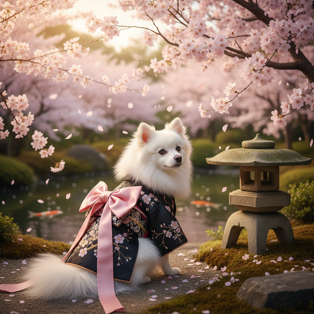 Small dog wearing black floral kimono with pink satin ribbon bow and scarf trim.