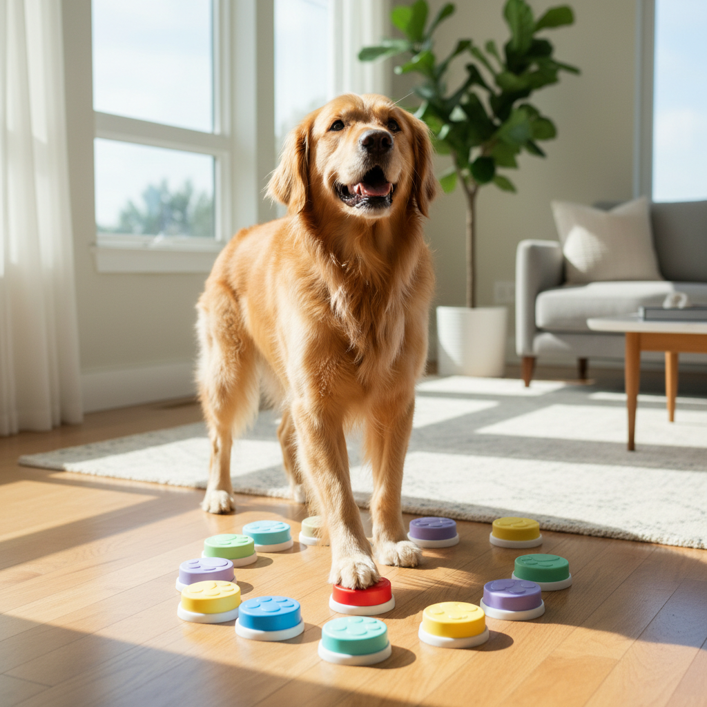 Colorful paw-shaped recordable pet communication buttons, set of 8, on floor