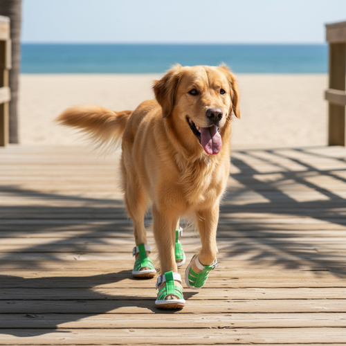 Green waterproof dog sandals with ankle straps and buckles, PVC grip sole