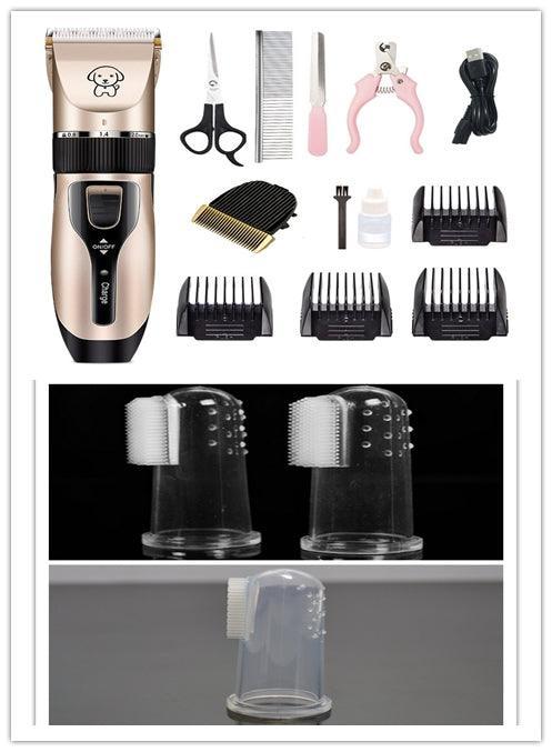 Pet hair clipper kit: beige body, USB cable, oil bottle, and multiple blade guards