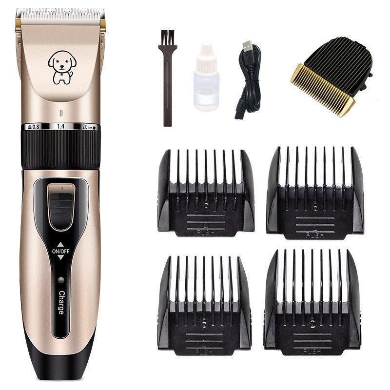 Pet hair trimmer with black clipper head, multiple guard combs, and accessories