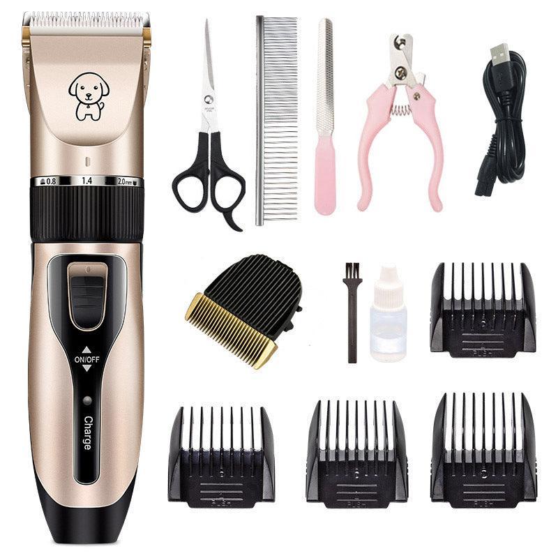 Beige pet hair clipper with black grip, guard guide combs, scissors, blade attachments